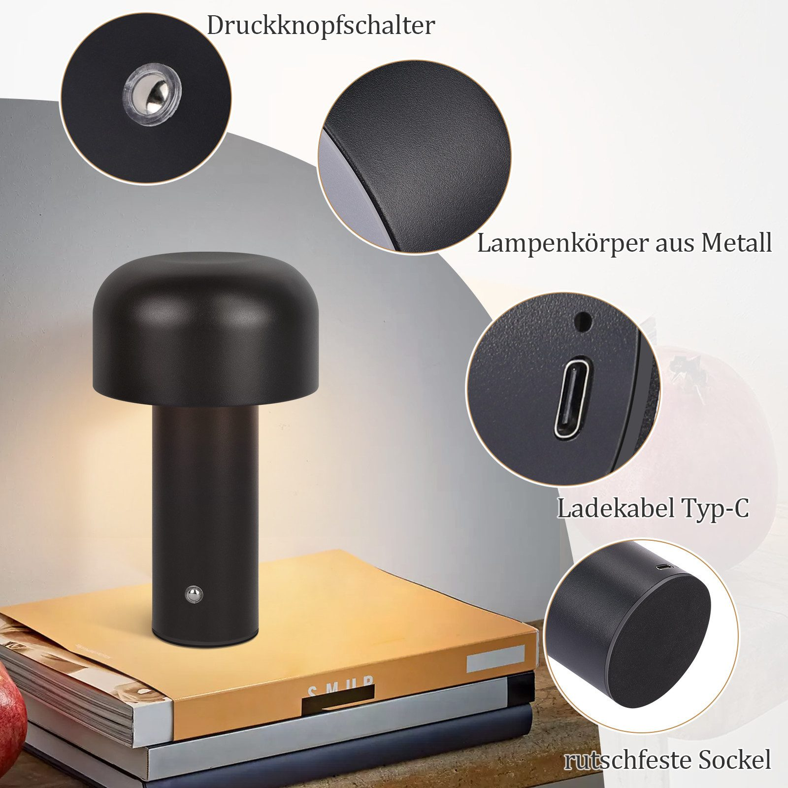 Czarna lampa w kształcie grzyba ze szczegółami przycisku zasilania, portu ładowania i antypoślizgowej podstawy.