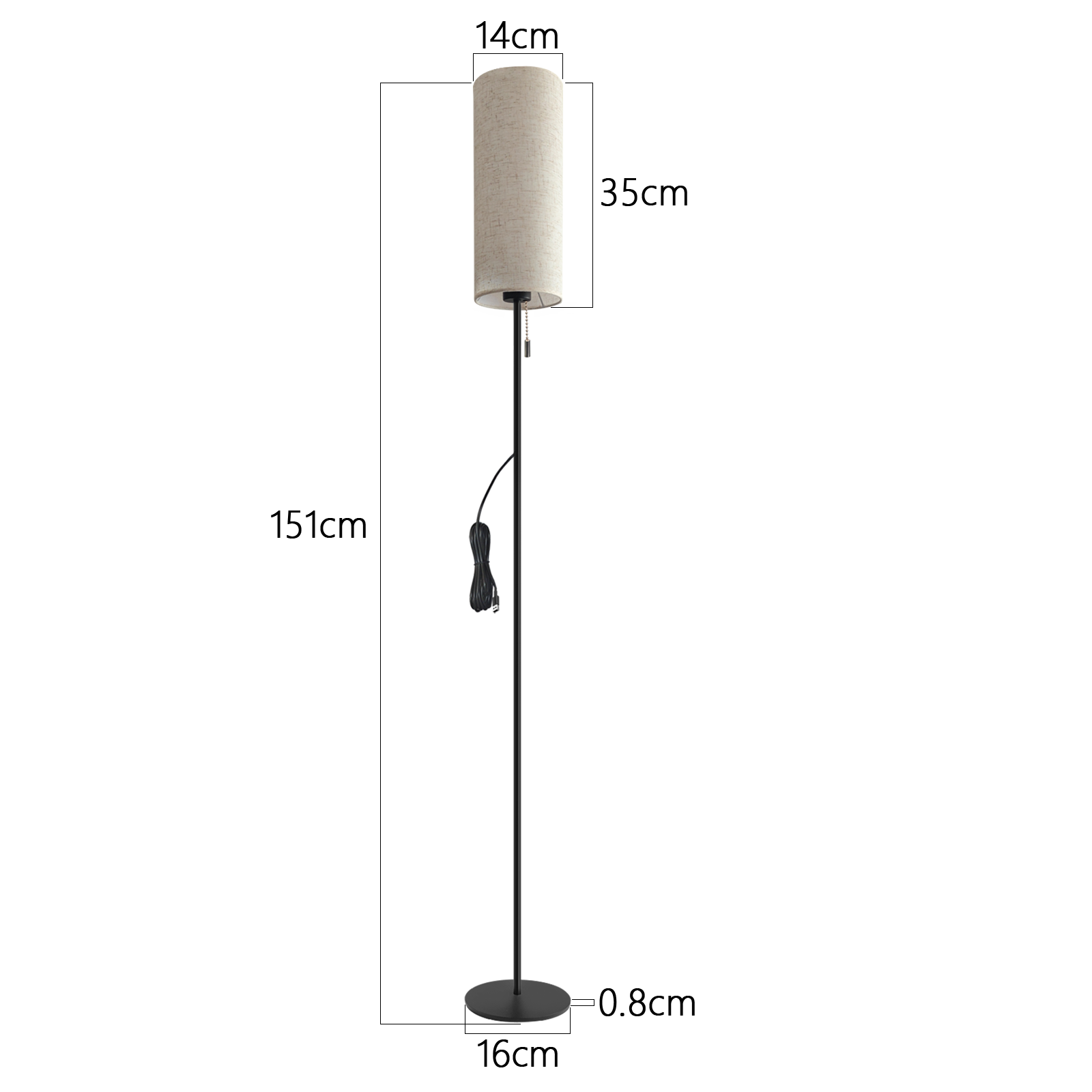 Wysoka, czarna lampa podłogowa z cylindrycznym, beżowym abażurem. Wymiary są pokazane. Widoczny jest przewód.