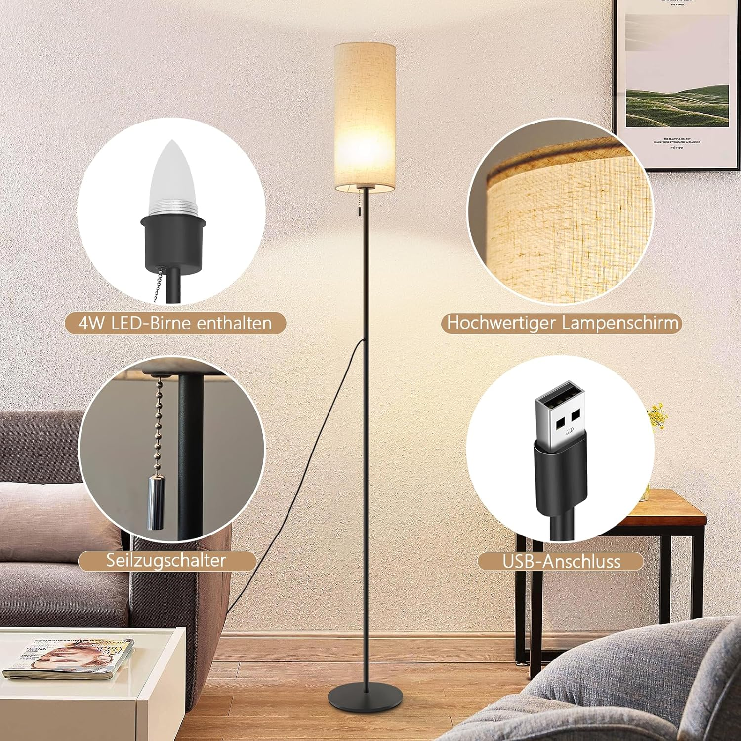 Lampa podłogowa z jasnym abażurem i portem USB. Posiada przełącznik łańcuchowy i żarówkę LED 4W.