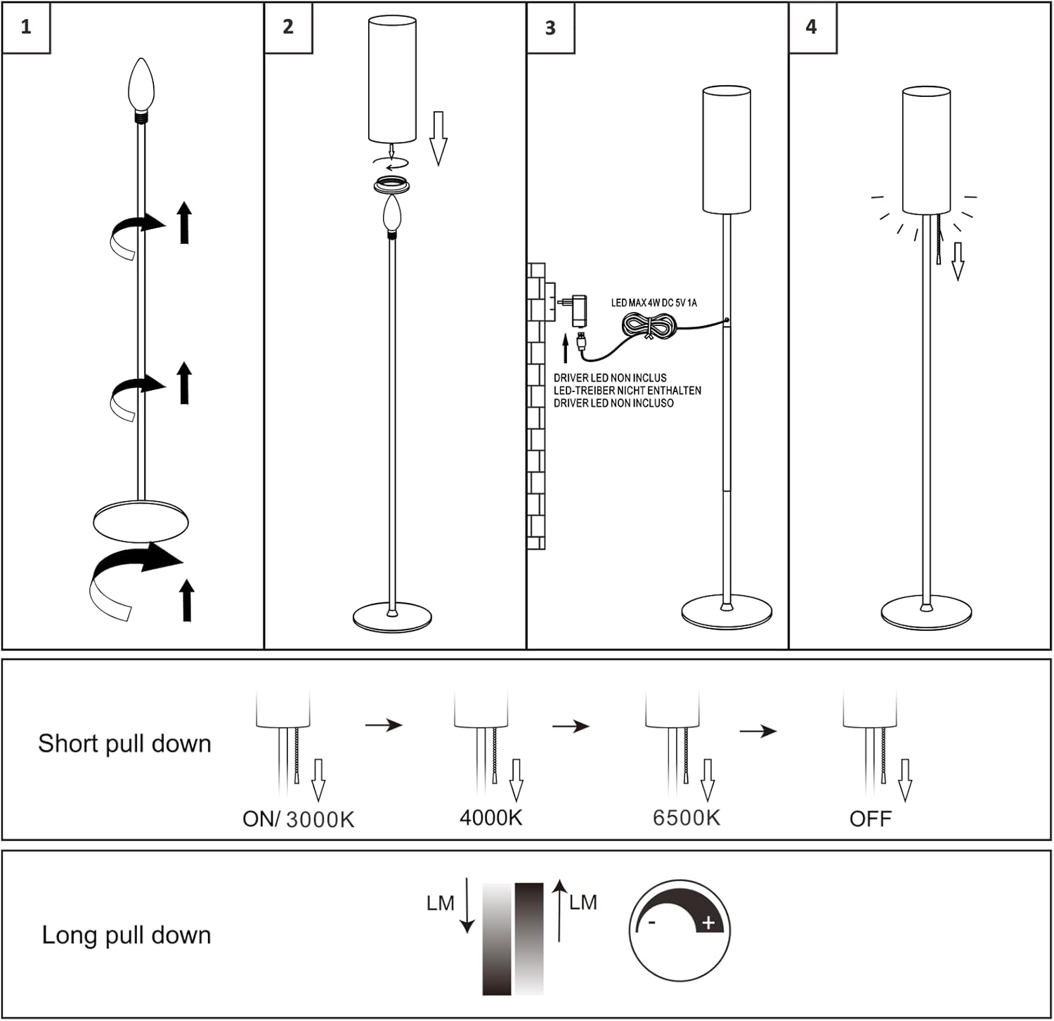 Diagramm, das die Schritte zur Lampenmontage zeigt. Enthält Lampe, Glühbirnen und einen Sockel mit Pfeilen.