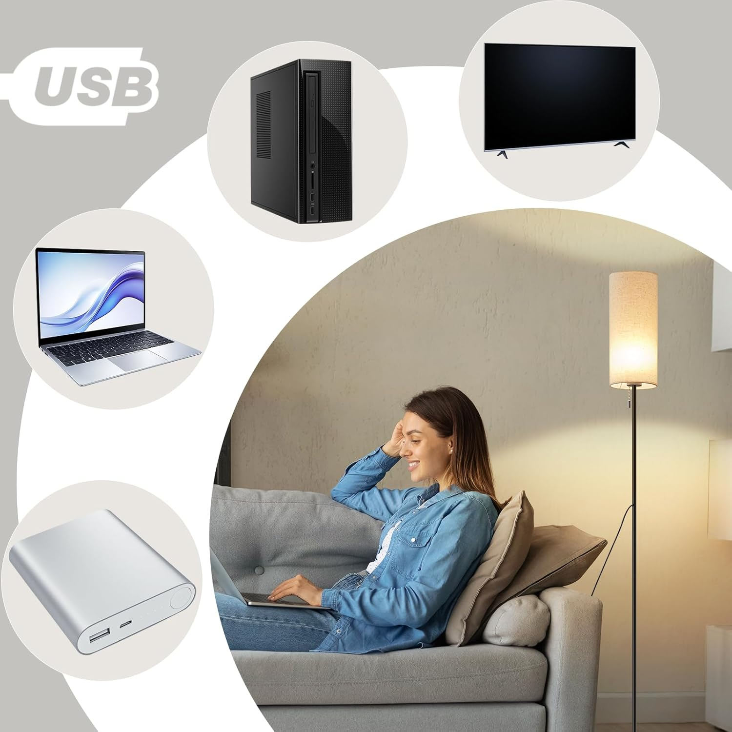 Kobieta używająca laptopa na kanapie, z lampą, komputerem stacjonarnym, TV i power bankiem.