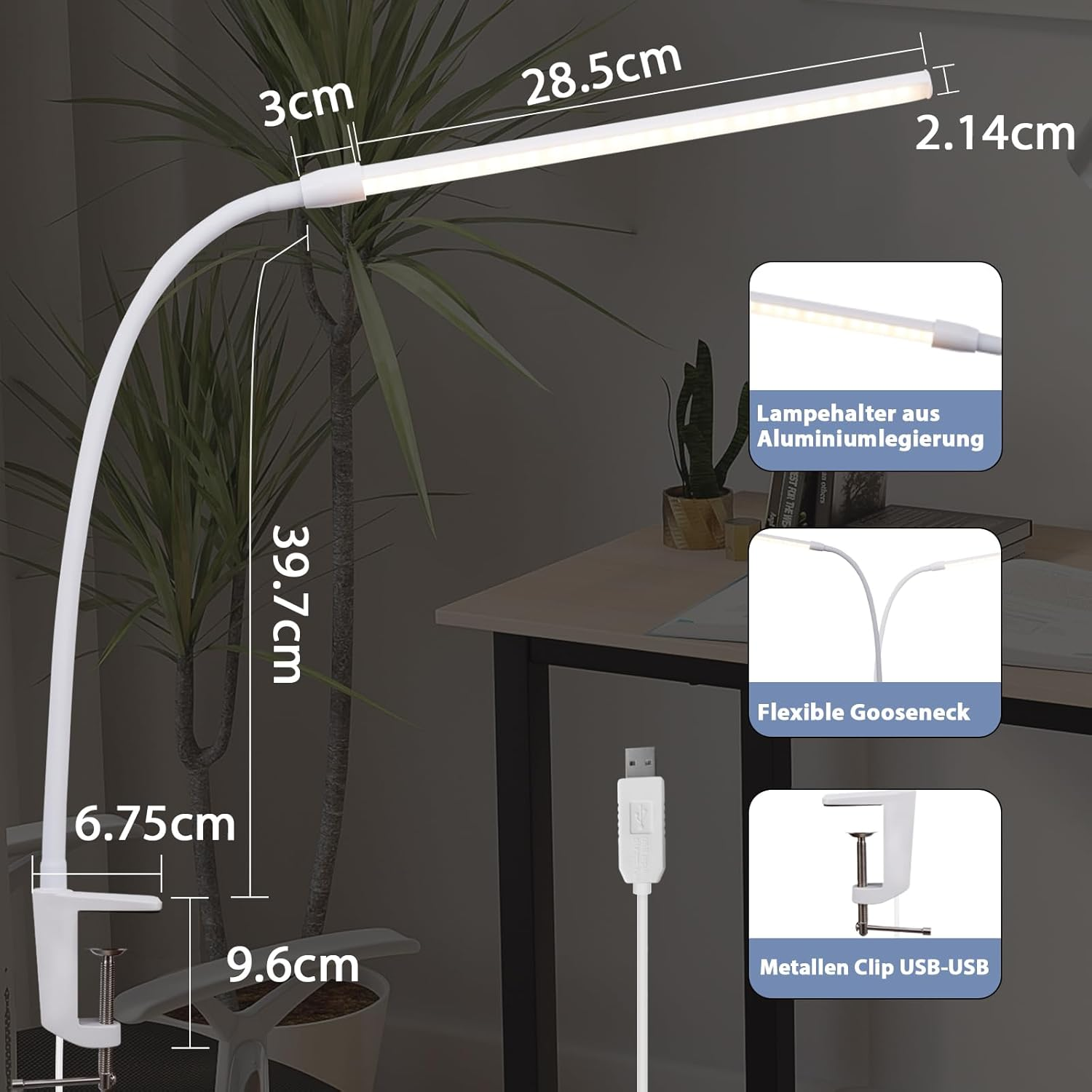Biała lampa biurkowa z gęsią szyją, wymiarami i kablem USB. Pokazano również roślinę i pomiary.