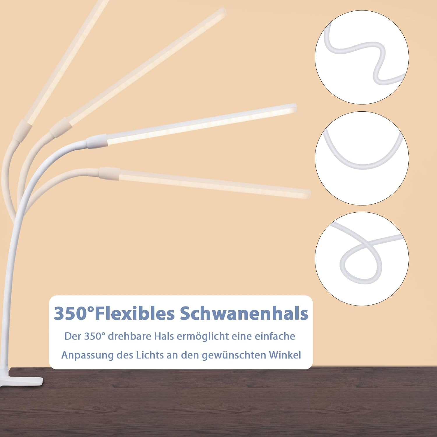 Biała lampa biurkowa z czterema regulowanymi głowicami, z niemieckim tekstem o elastyczności.