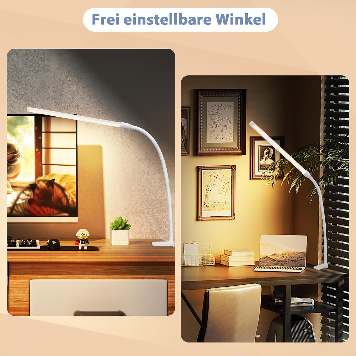 Dwa zdjęcia lampy biurkowej z białym ramieniem i jasnym światłem.