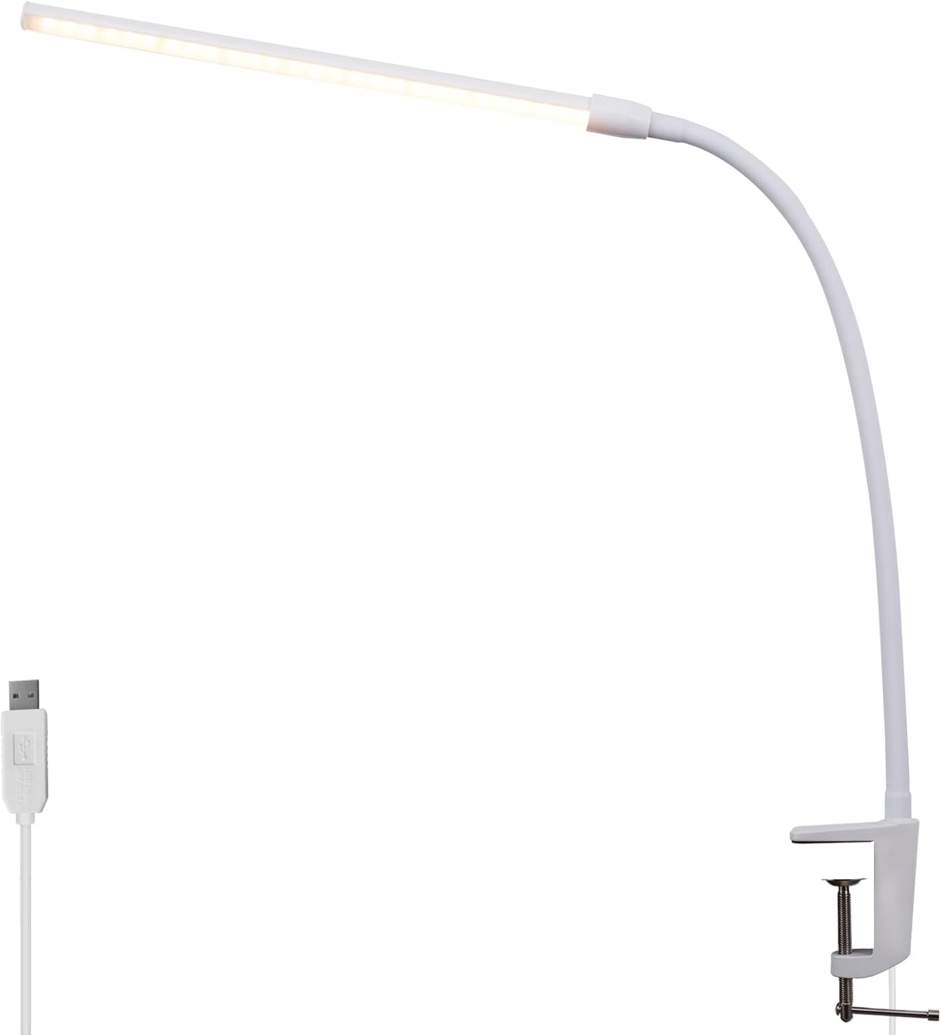 Biała, biurkowa lampa z gęsią szyją, kablem do ładowania USB i podstawą z klipsem.