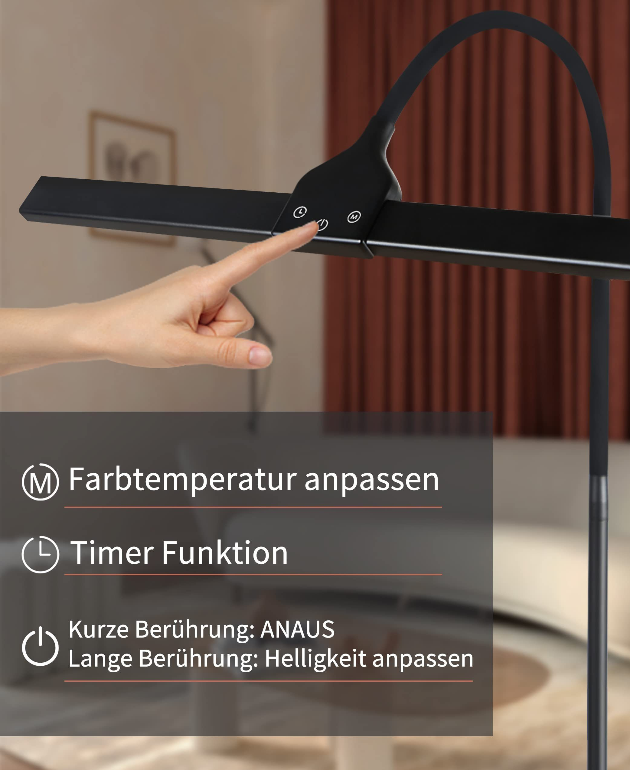 Una mano tocca i pulsanti su una lampada nera. Il testo indica la temperatura colore e le funzioni del timer.