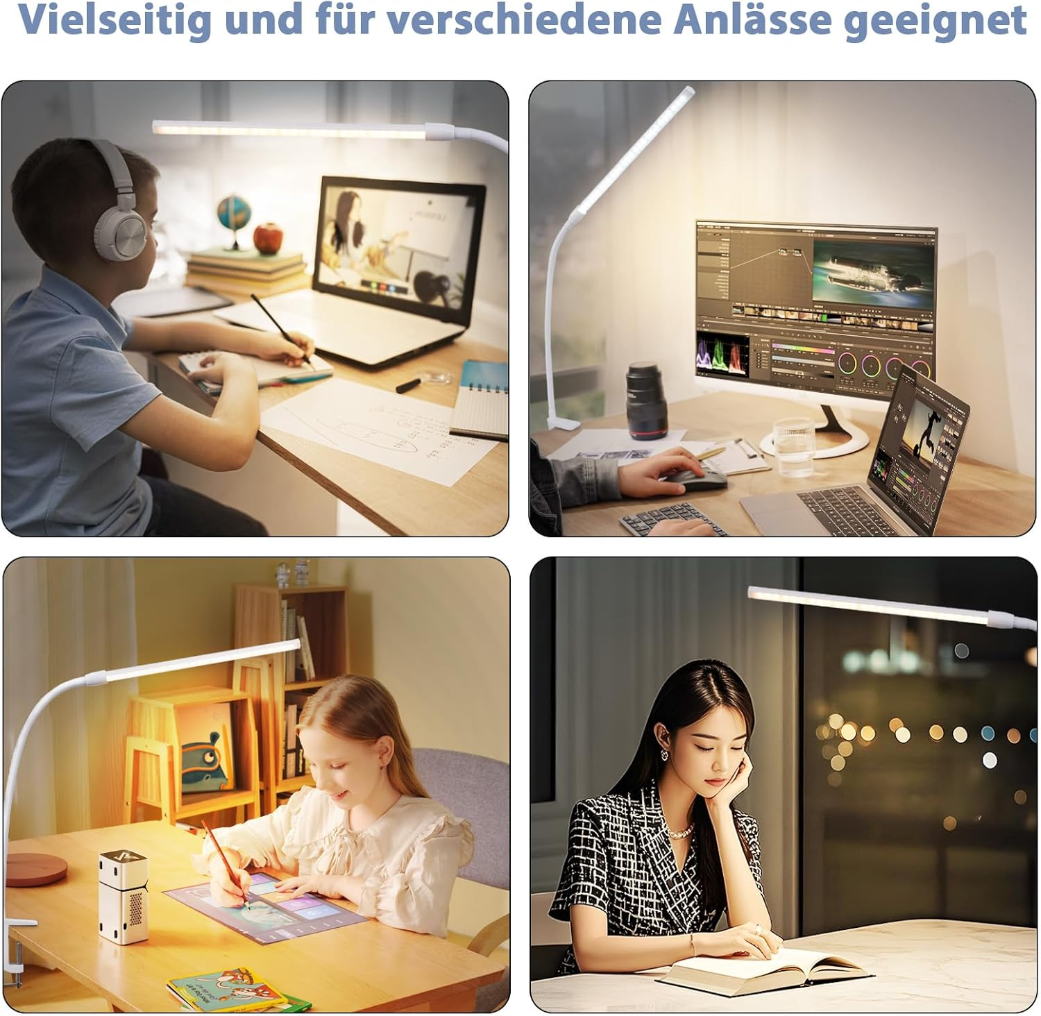 Cztery zdjęcia pokazujące różne osoby korzystające z lampy biurkowej. Lampa jest biała.