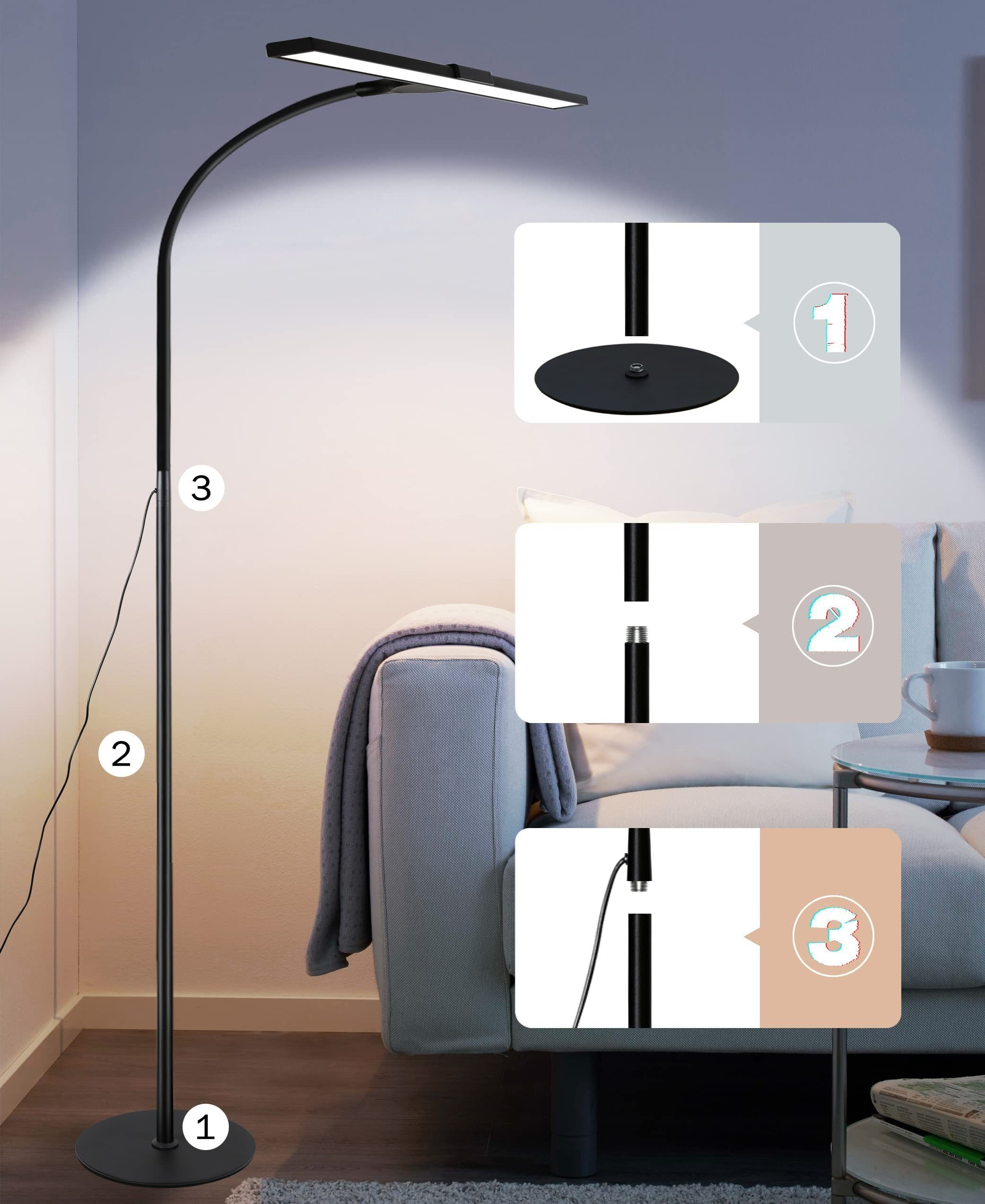 Una lampada da terra nera con un braccio curvo e una luce a LED luminosa. Vengono mostrate tre fasi di assemblaggio.