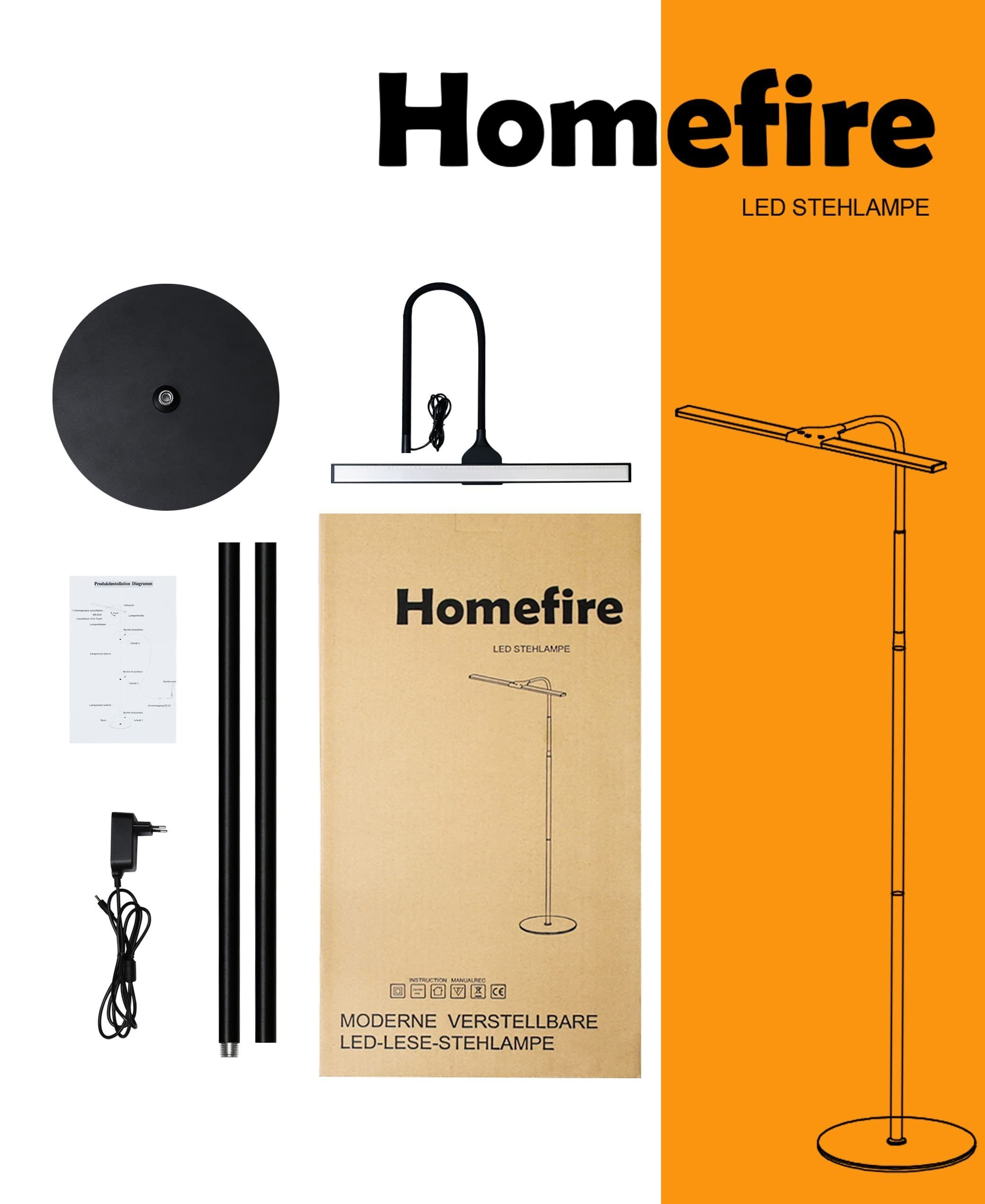 Lampada da terra LED Homefire con i suoi componenti e le istruzioni di montaggio sulla scatola.