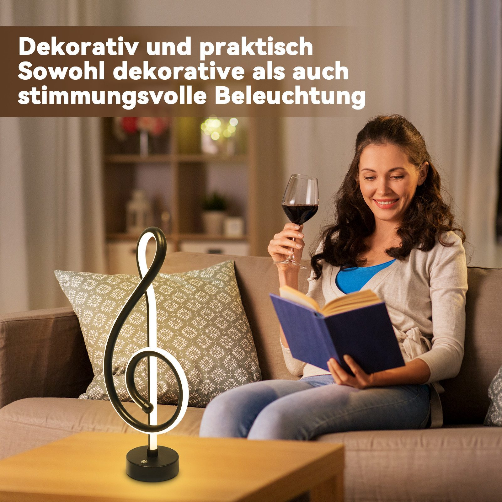 Una mujer leyendo un libro con una copa de vino junto a una lámpara de notas musicales.
