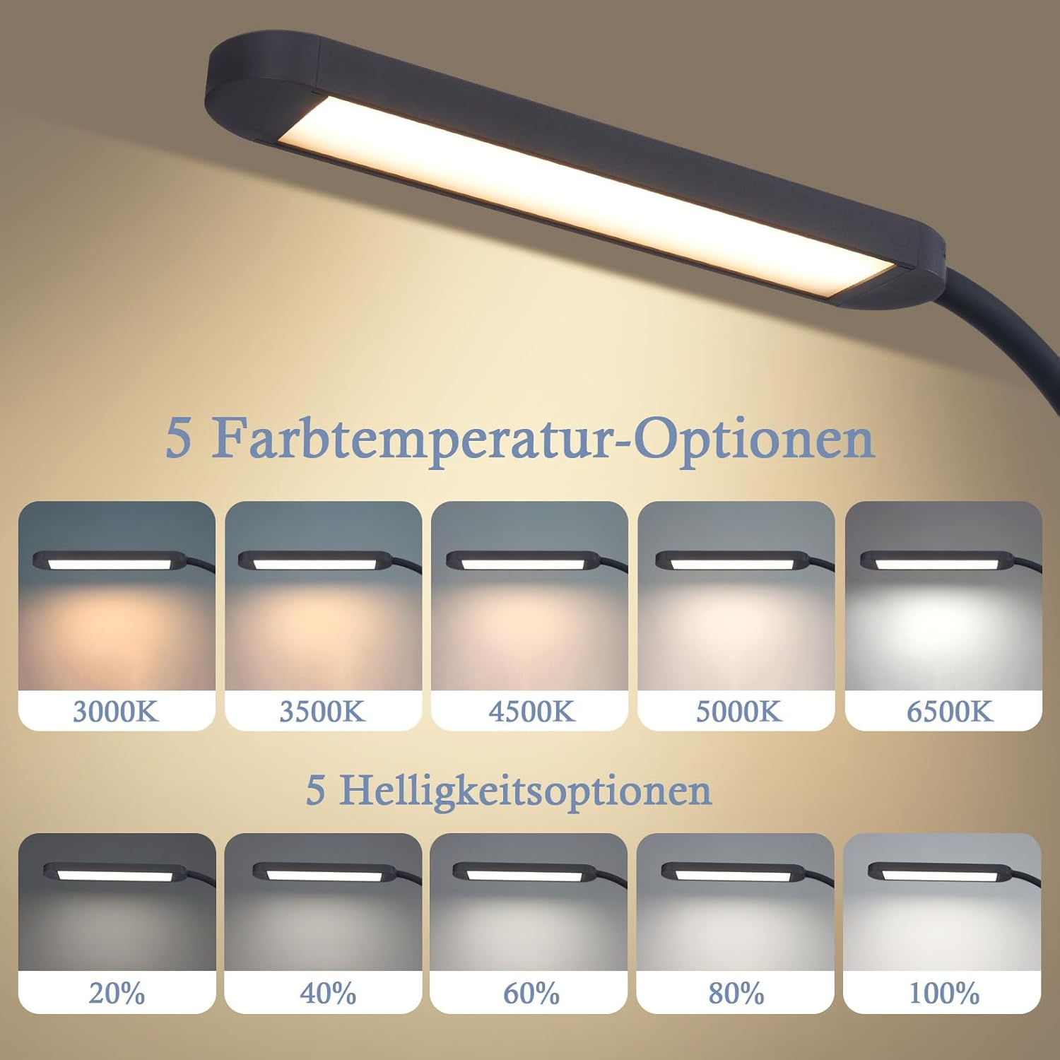 Lampa pokazuje 5 opcji temperatury barwowej i 5 opcji jasności. Opcje są wyświetlane poniżej lampy.