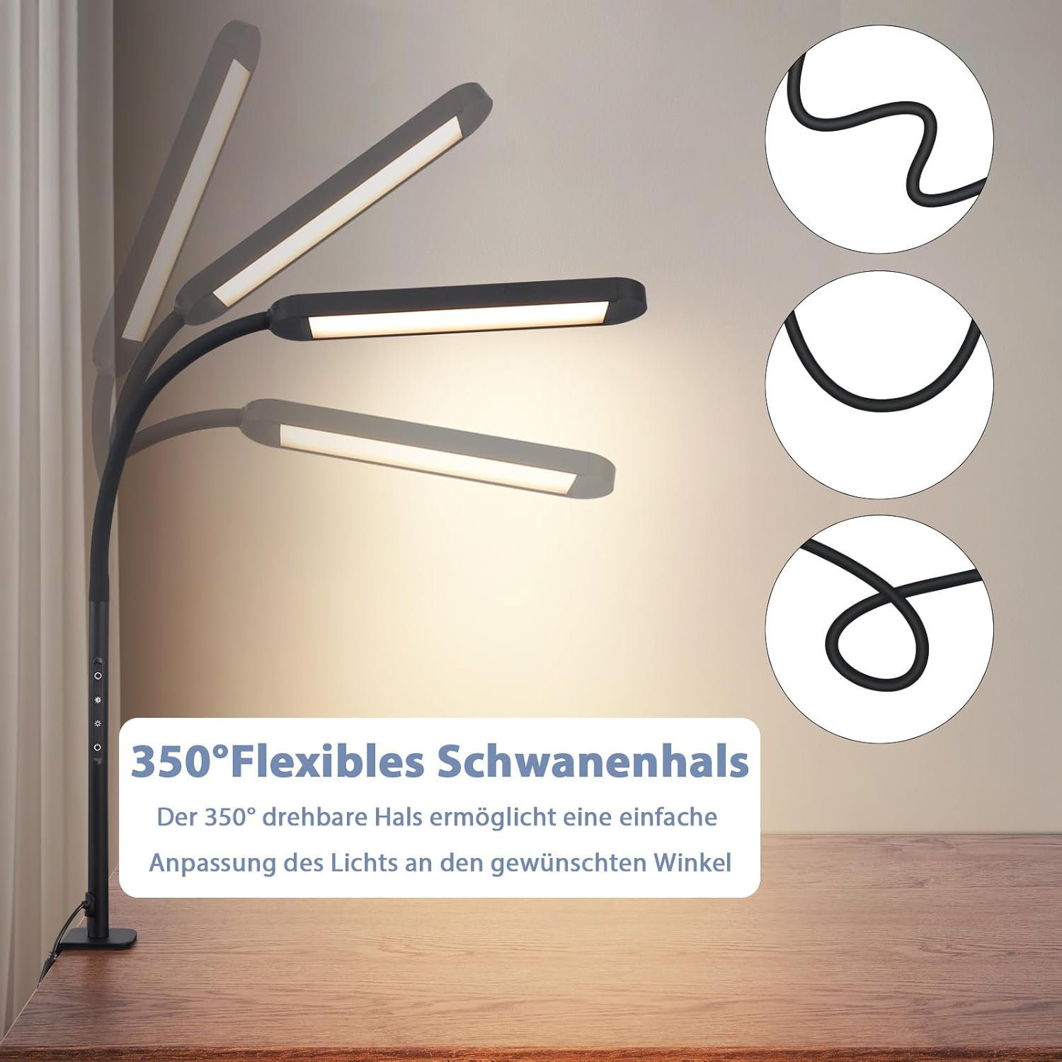 Czarna lampa biurkowa z elastyczną szyją i trzema regulowanymi głowicami świetlnymi, na biurku.