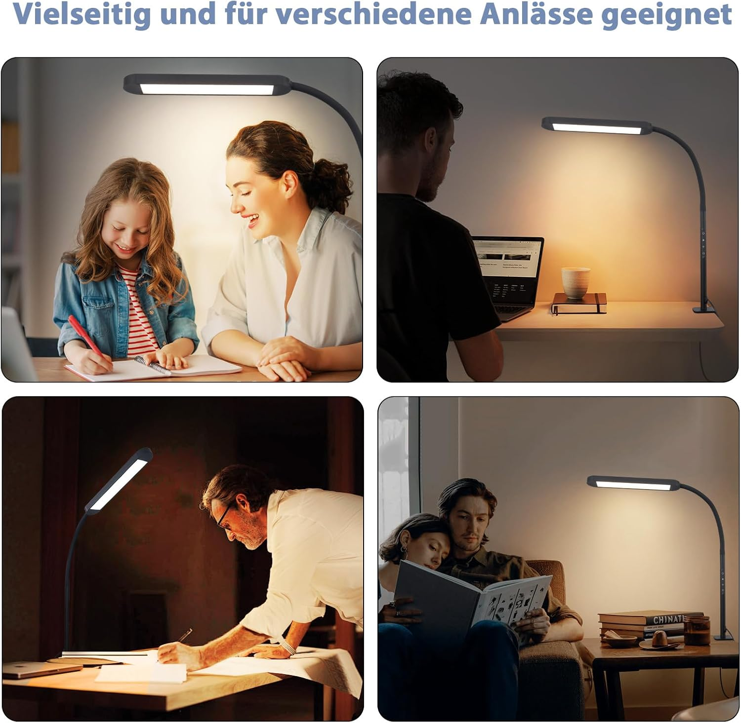 Cztery zdjęcia czarnej lampy biurkowej w użyciu. Ludzie są pokazywani podczas czytania i pracy pod jej światłem.