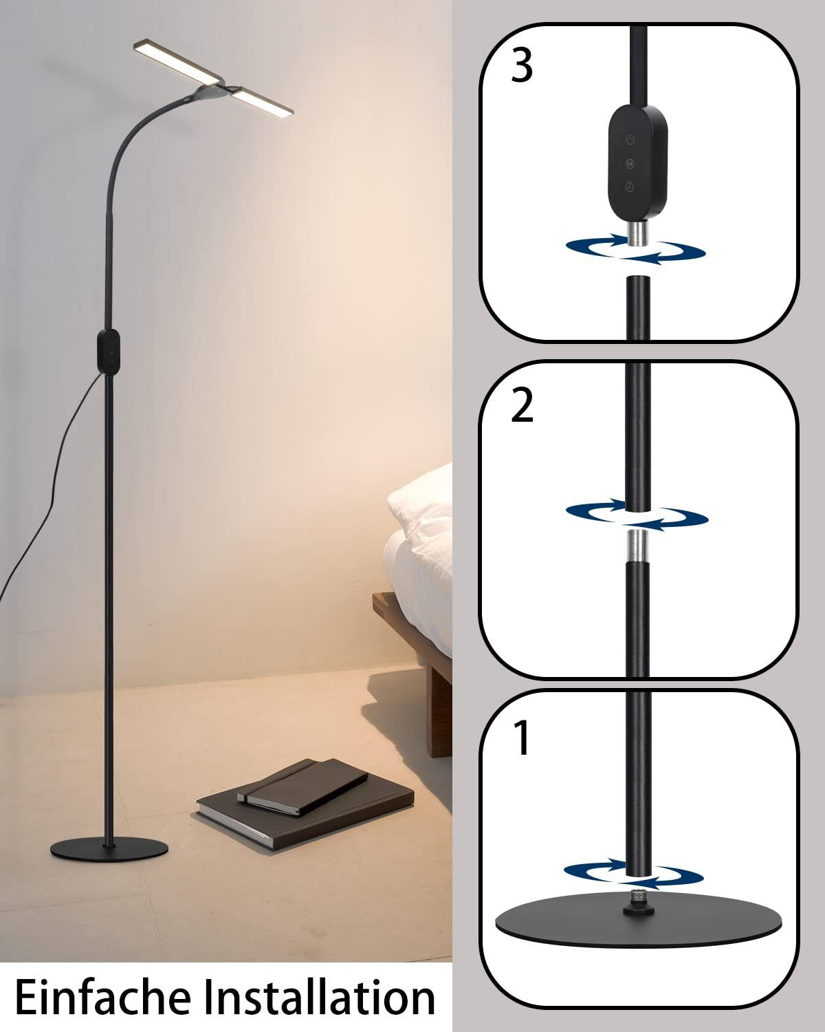 Installazione della lampada da terra: Base, collegamento del palo e testa della luce.