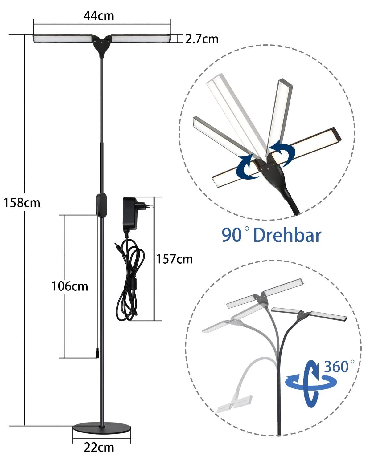 Una lampada da terra nera con pannelli luminosi regolabili. Le dimensioni sono indicate. Due pannelli ruotano di 90 e 360 gradi.