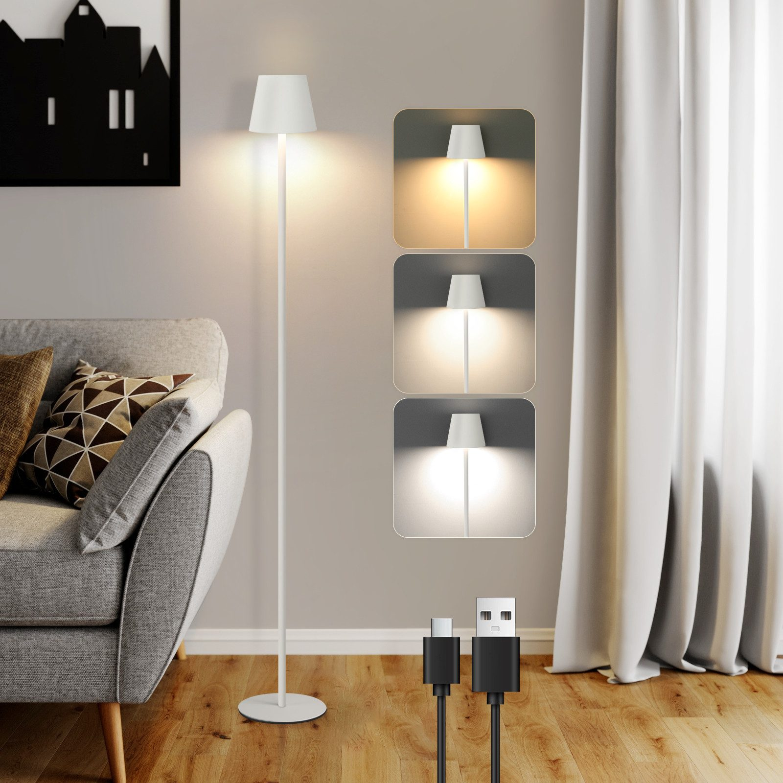 Lampada da terra bianca con tre impostazioni di luce e un cavo di ricarica USB.
