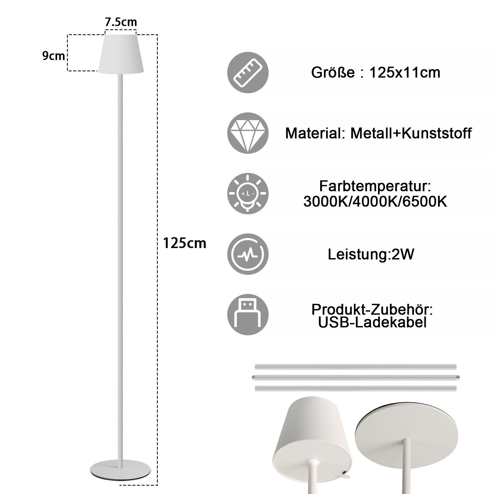 Una lampada da terra bianca. Ha un paralume, un lungo stelo e una base circolare. Sono presenti anche misure e icone.