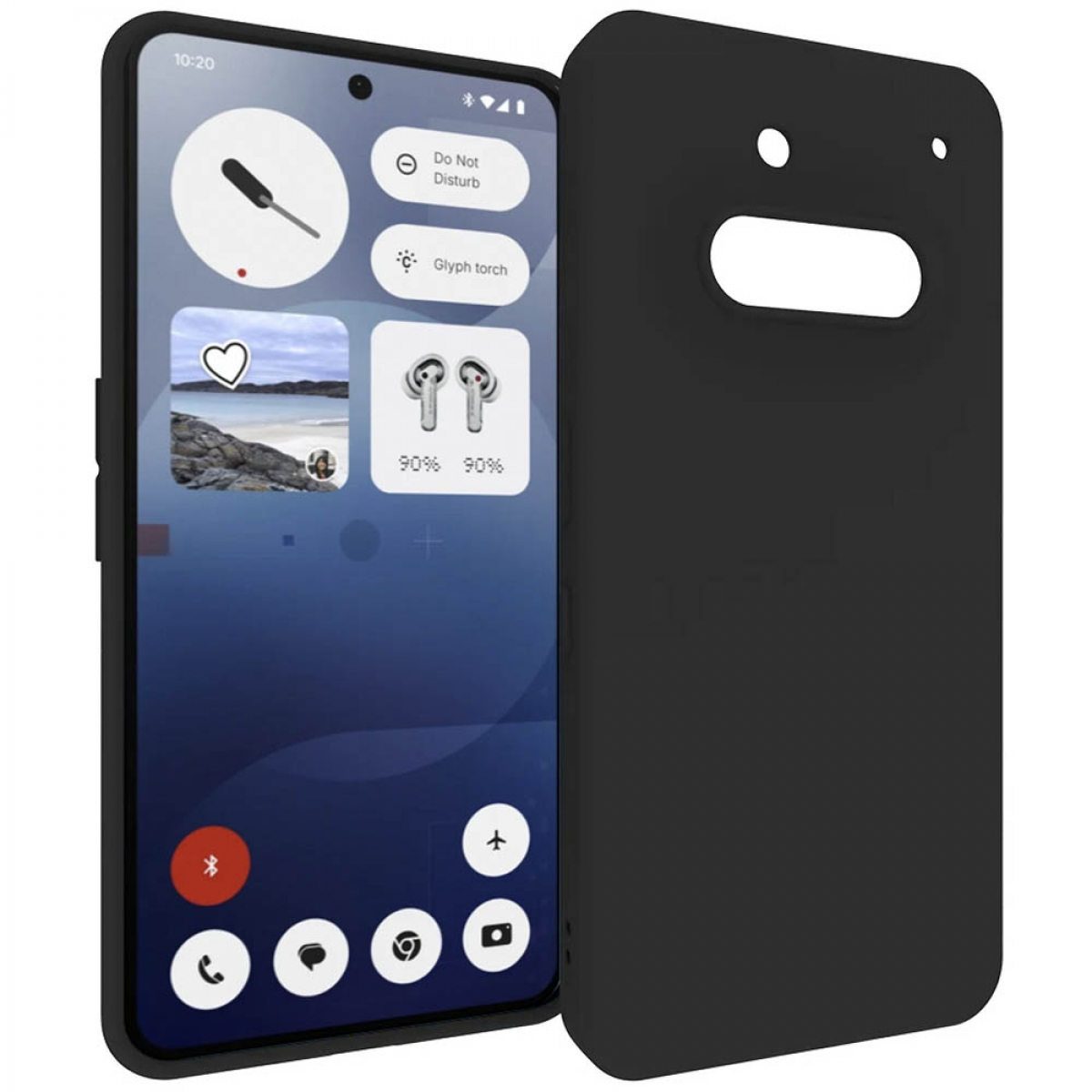 Smartphone mit schwarzer Hülle. Der Bildschirm zeigt Symbole und einen Farbverlauf. Rechts eine schwarze Hülle.
