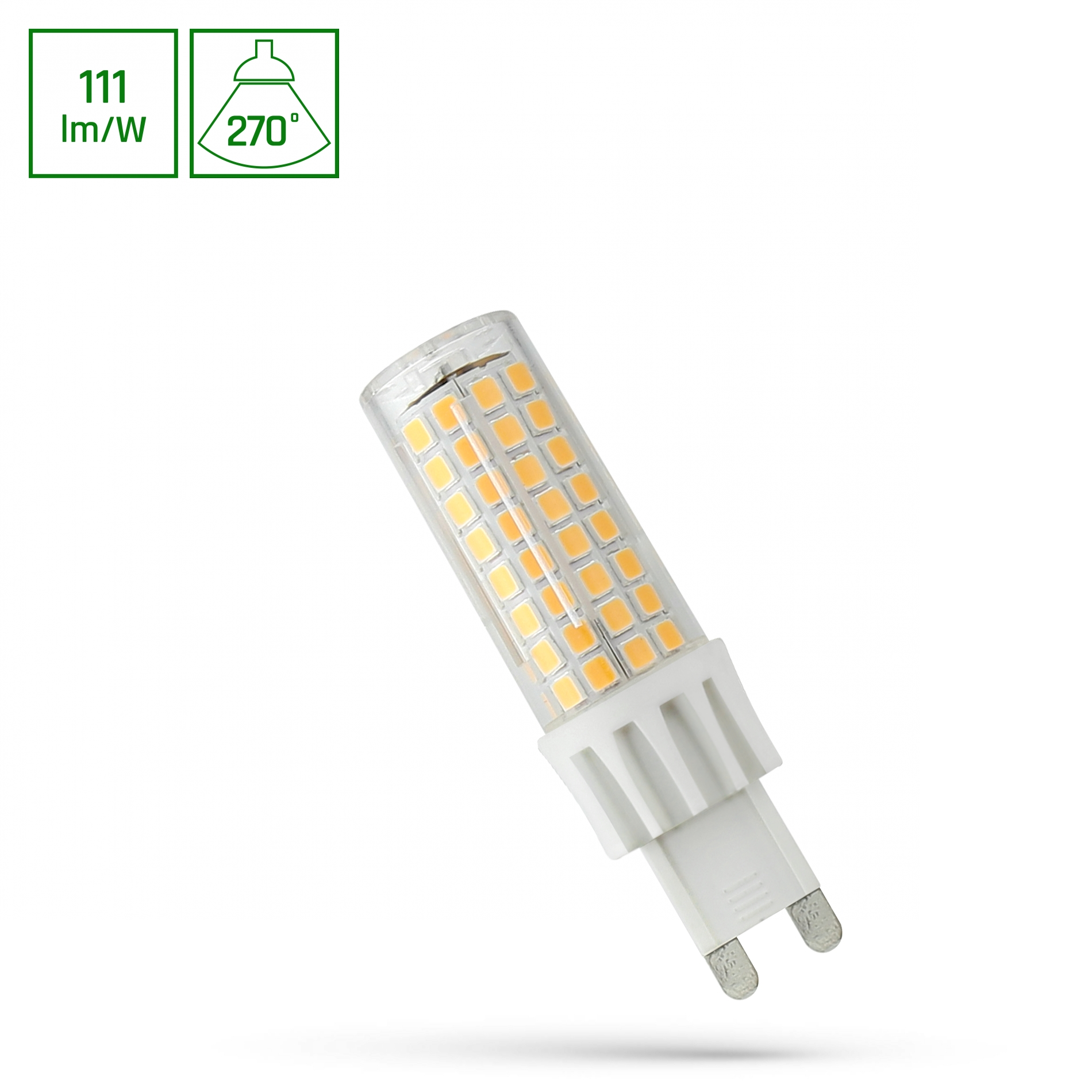 Eine LED-Glühbirne mit weißem Sockel und gelben LEDs. Die Glühbirne ist im Fokus.