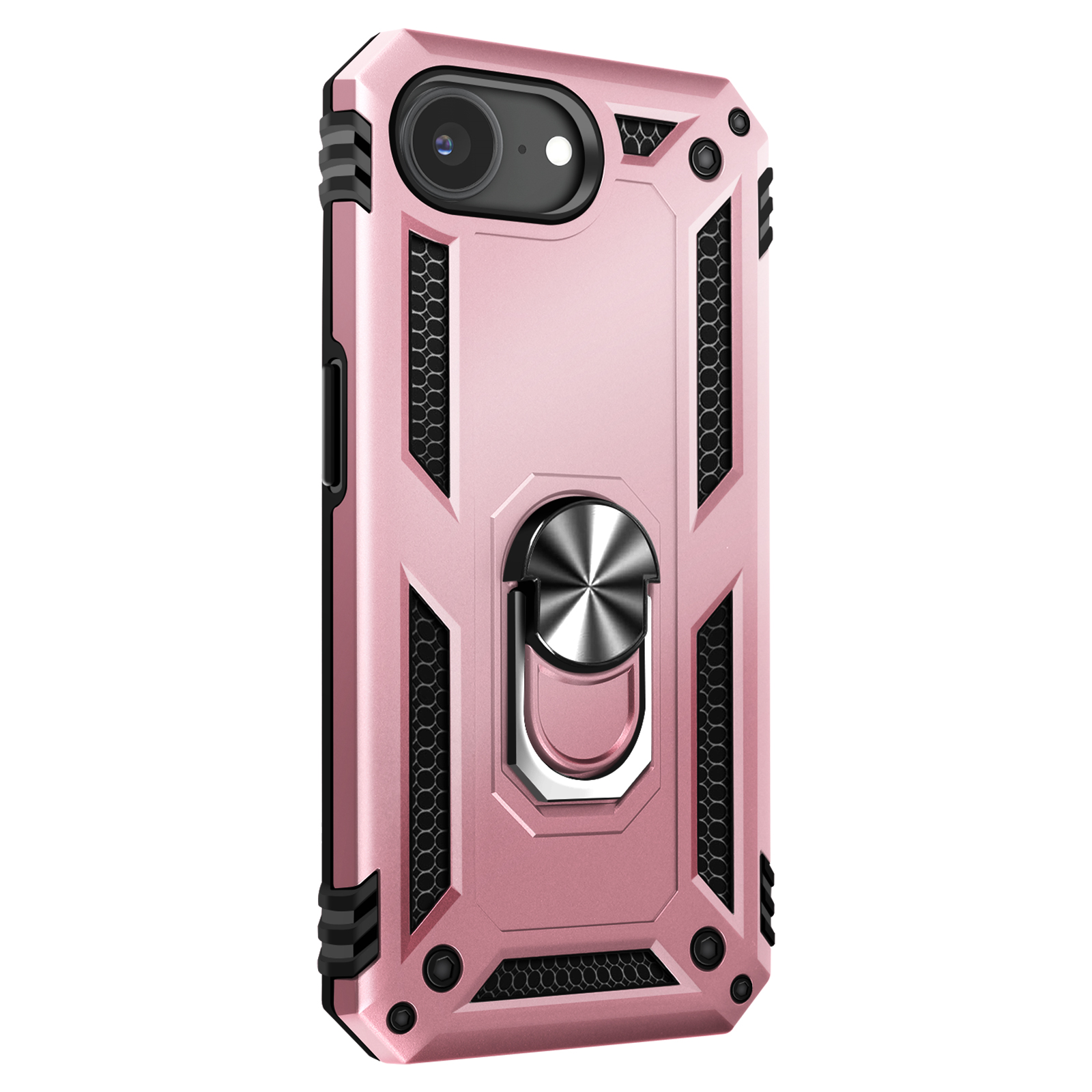 Roze telefoonhoesje met een ringhouder. Het heeft een camera-uitsparing en zwarte accenten.