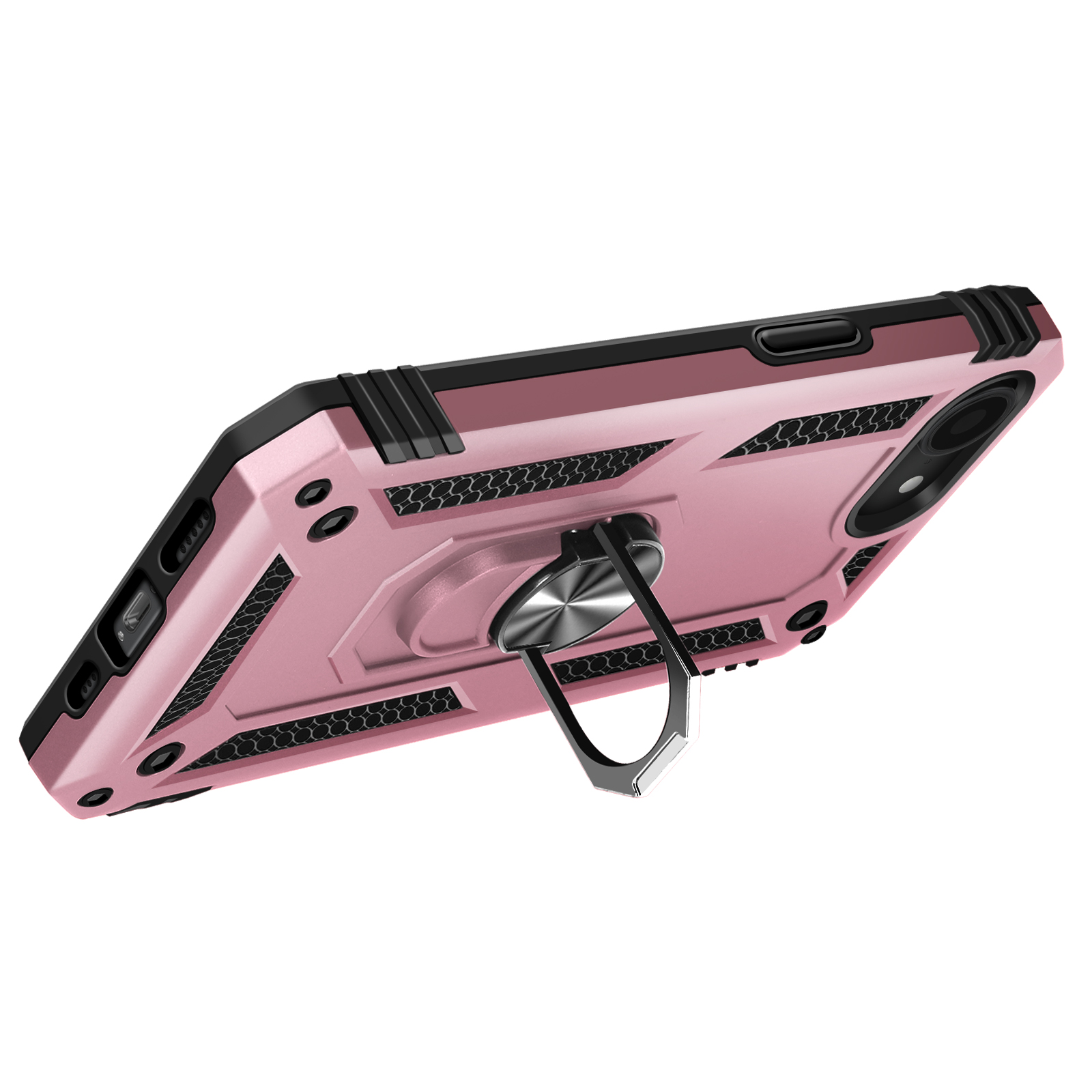 Roze telefoonhoesje met een ringhouder. Zwarte accenten en design. Witte achtergrond.