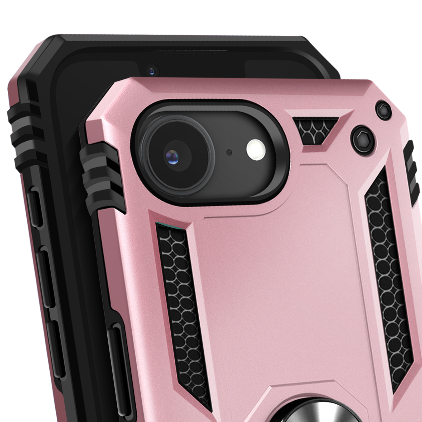 Een roze telefoonhoesje met camera en ringhouder op een zwarte telefoon.