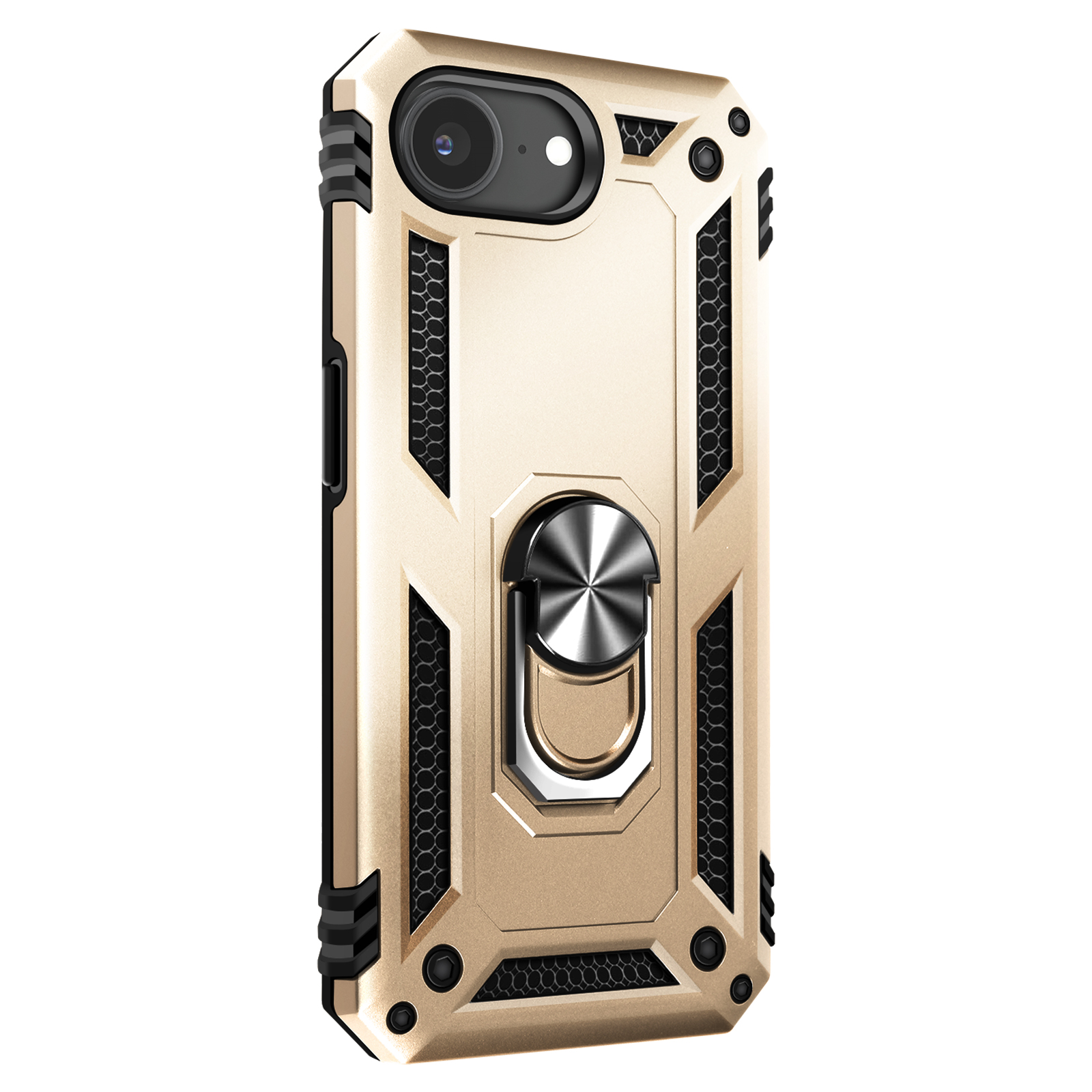 Gouden telefoonhoesje met ringhouder, zwarte accenten en cameralens.