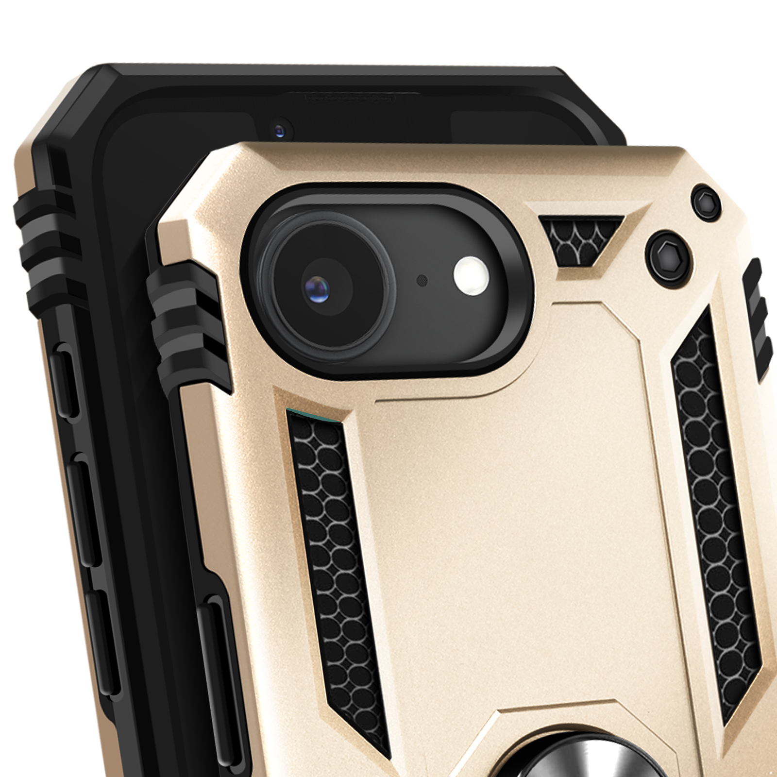 Een close-up van een gouden telefoonhoesje met een zwart cameralensgebied. De telefoon is zwart.