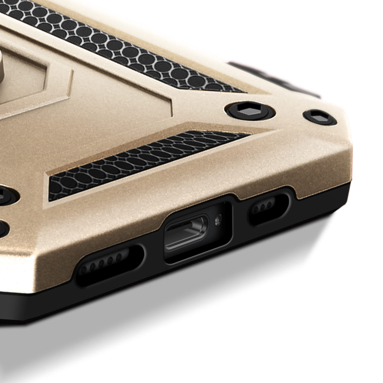 Close-up van een telefoonhoesje. Het heeft een goud en zwart ontwerp, met geometrische patronen en toegang tot poorten.