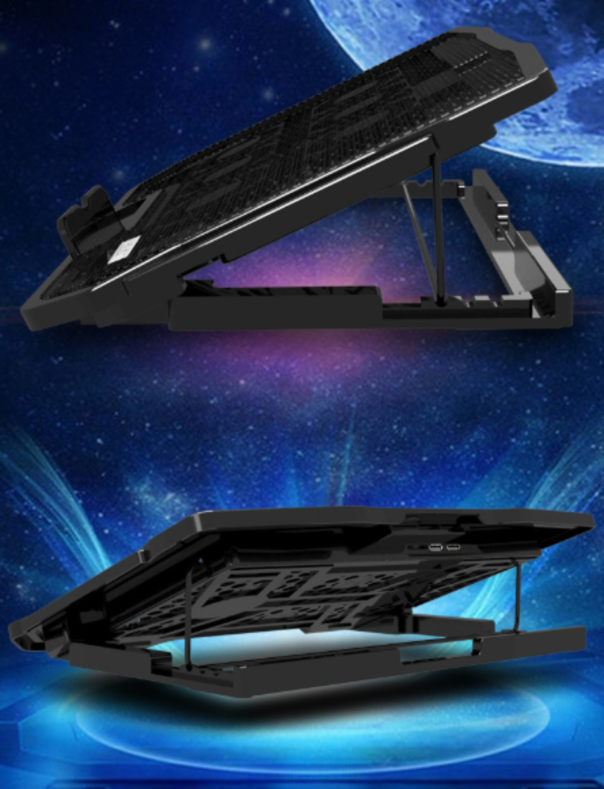 Zwei Ansichten eines schwarzen Laptop-Kühlers. Die Draufsicht zeigt ein Gitter, und die Unteransicht zeigt Stützen und USB-Anschlüsse.