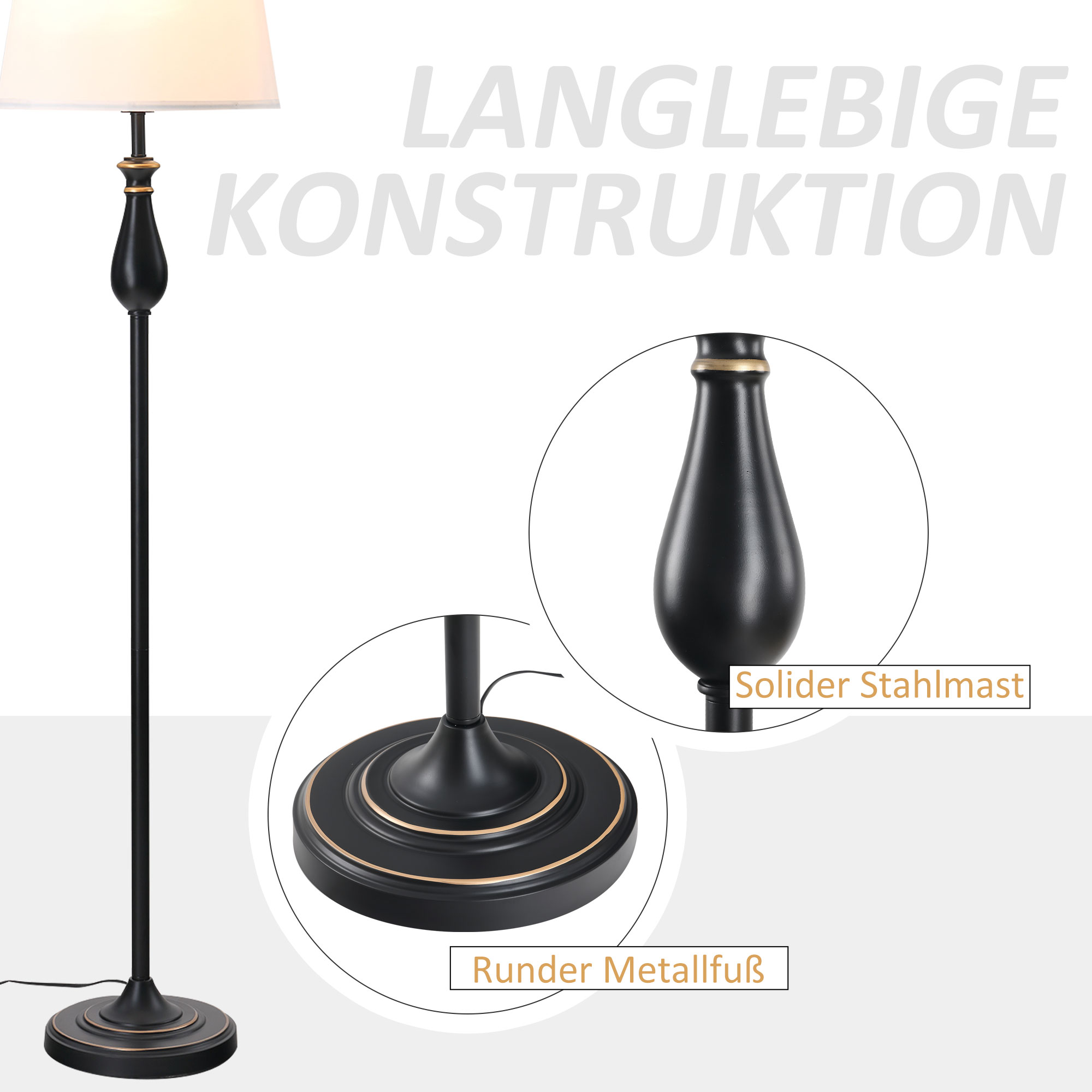 Schwarze Stehlampe. Goldakzente. Weißer Lampenschirm. Text: Langlebige Konstruktion, runder Metallsockel.