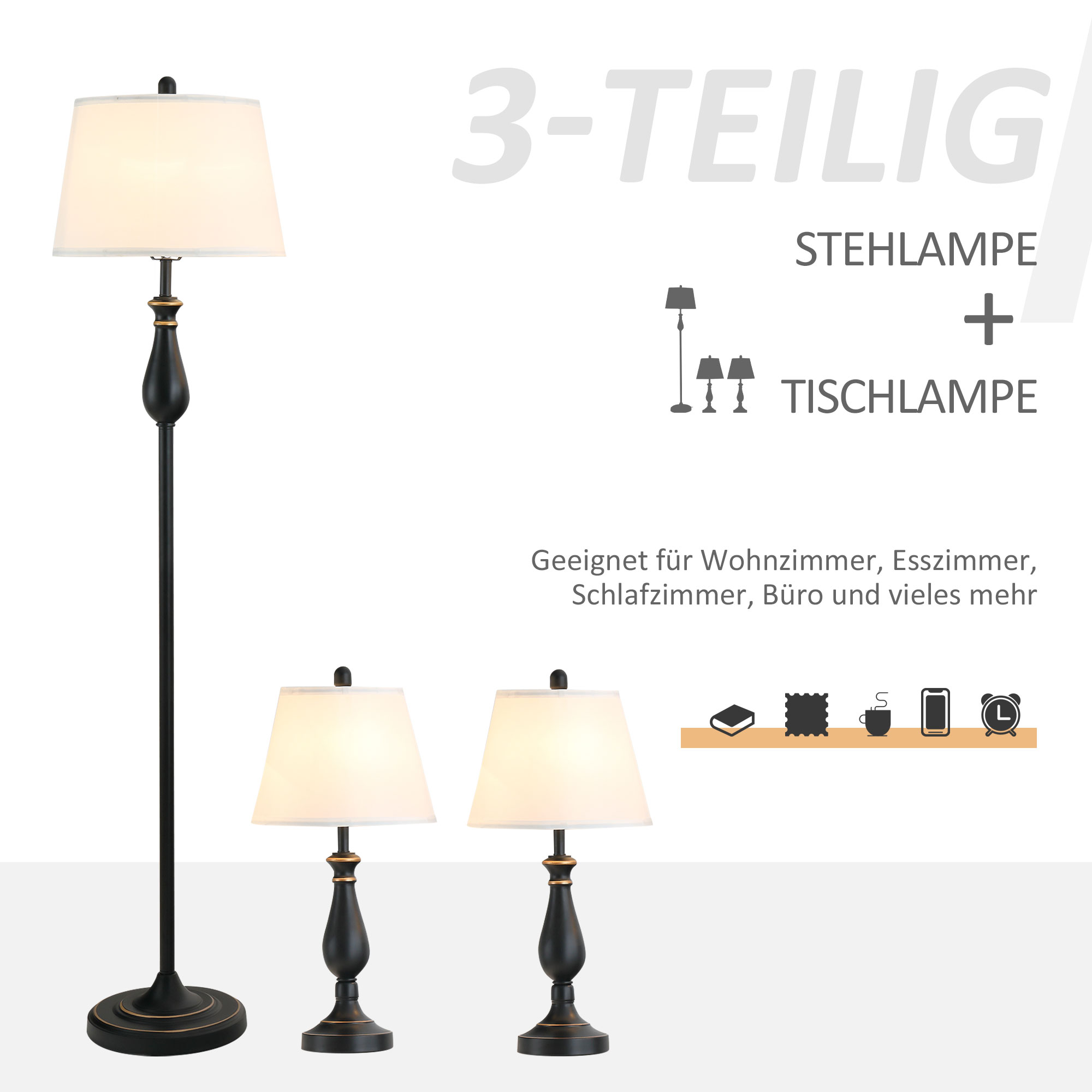 Drei Lampen: eine Stehlampe und zwei Tischlampen. Das Bild hat Text, der die Lampenmerkmale detailliert.