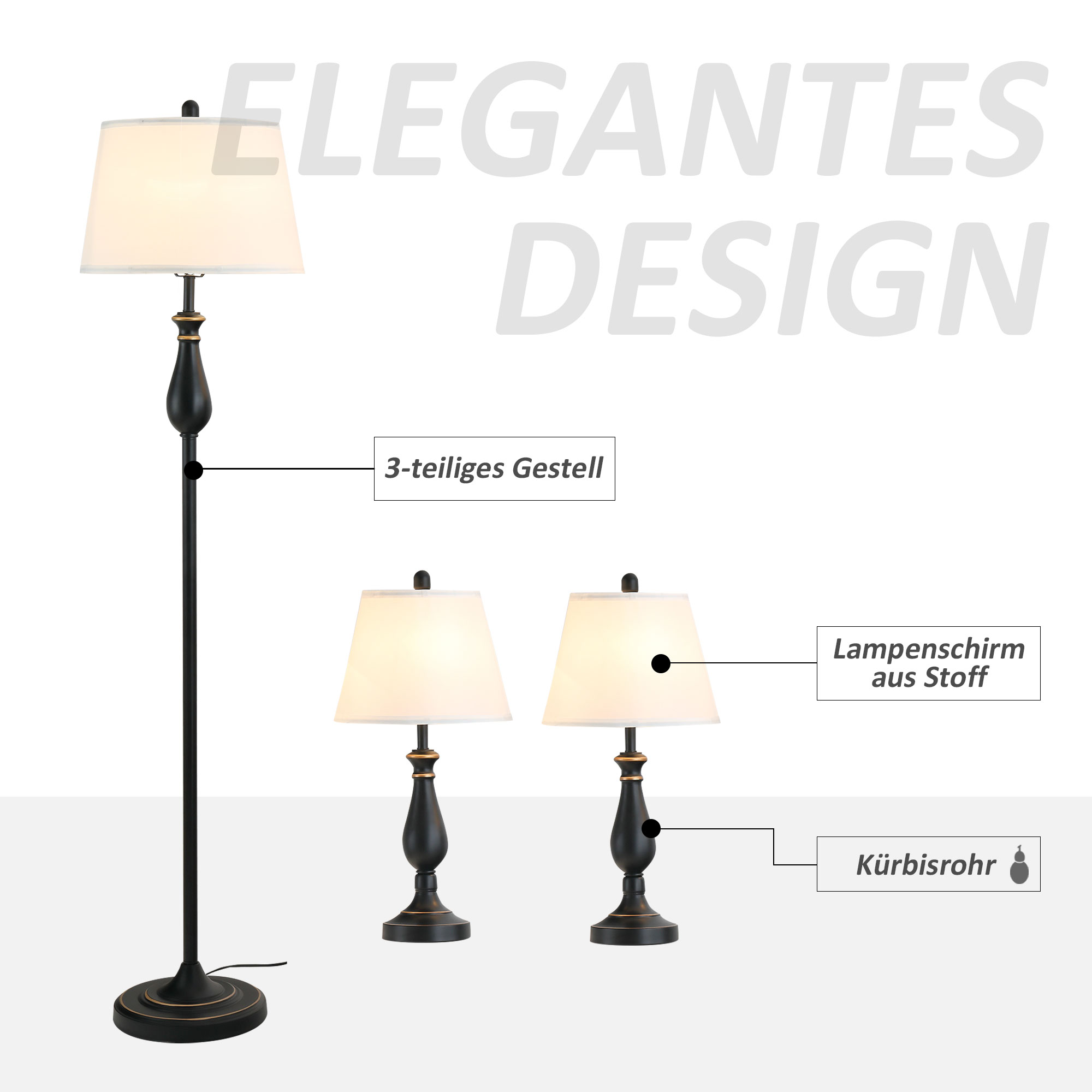 Drei Lampen, eine Steh- und zwei Tischleuchten.