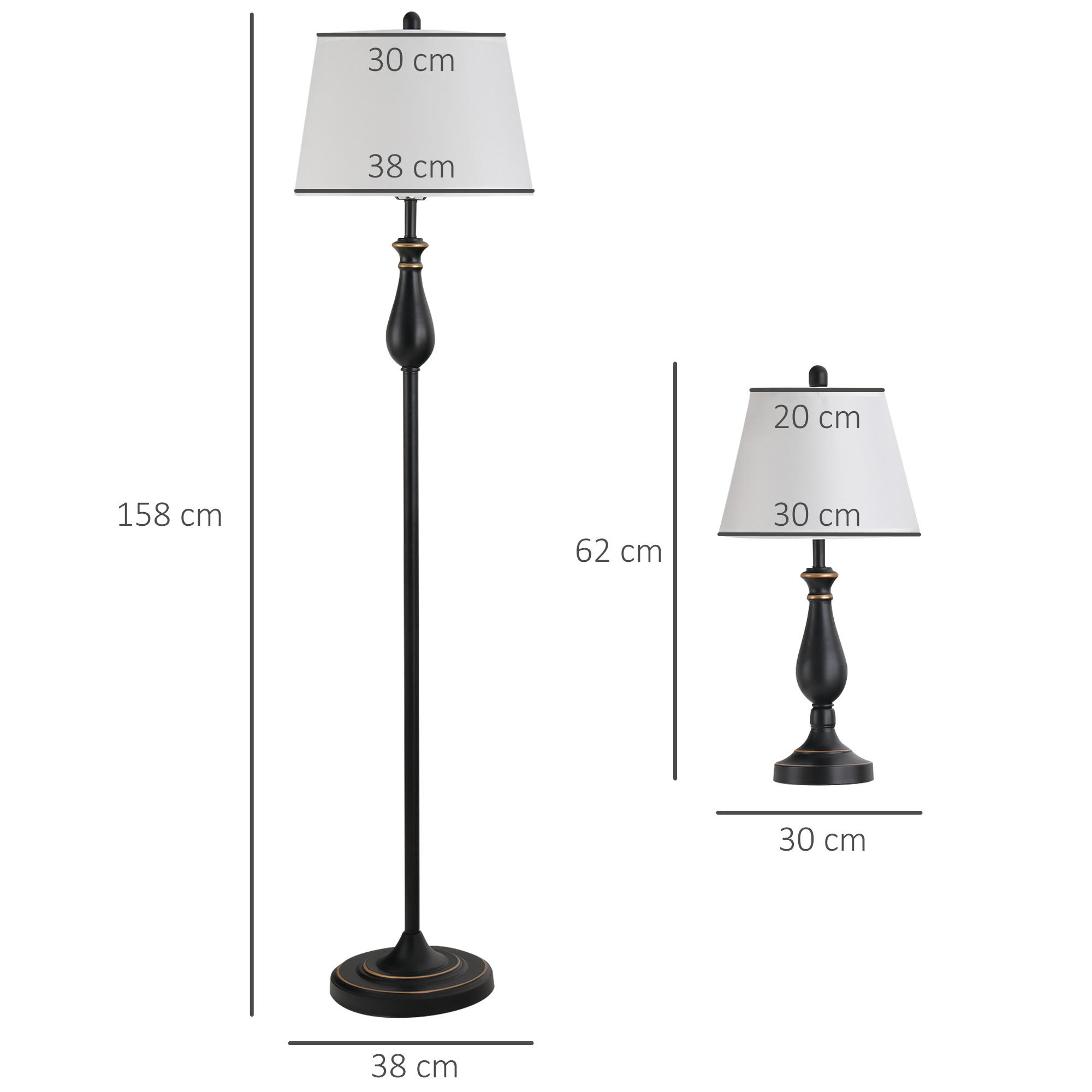 Zwei Lampen, eine hohe Stehlampe und eine kleine Tischlampe mit Maßen. Der Hintergrund ist weiß.