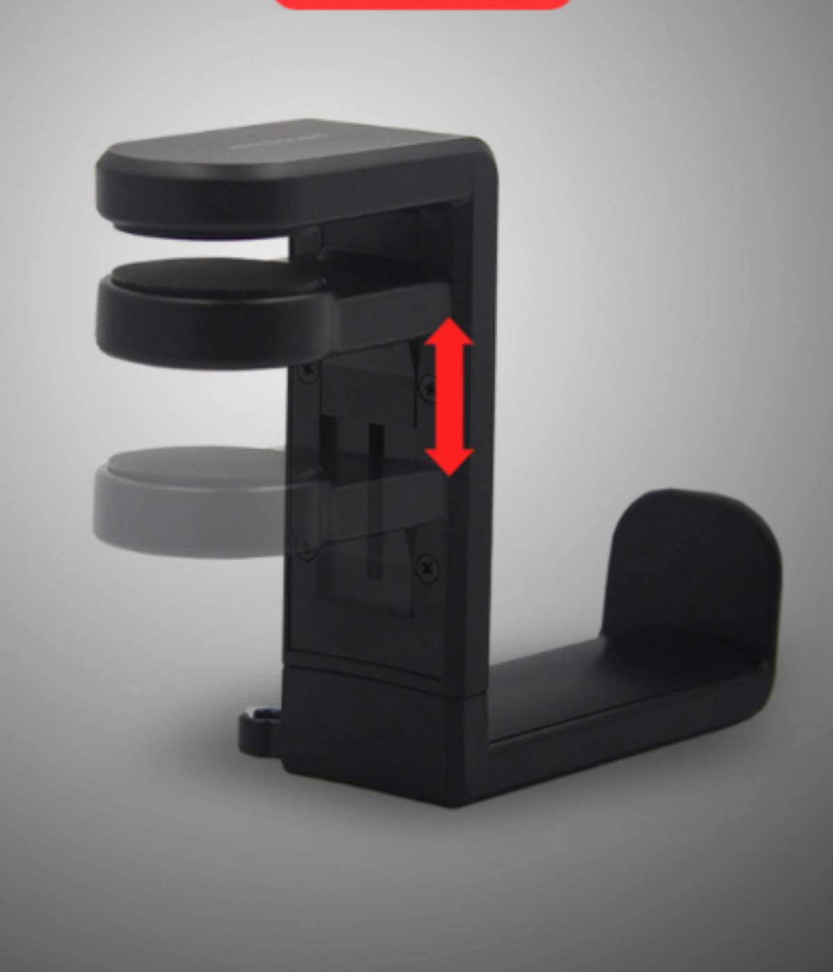 Schwarzer Headset-Ständer mit verstellbarer Höhe. Er hat einen gebogenen Arm zum Halten von Kopfhörern.