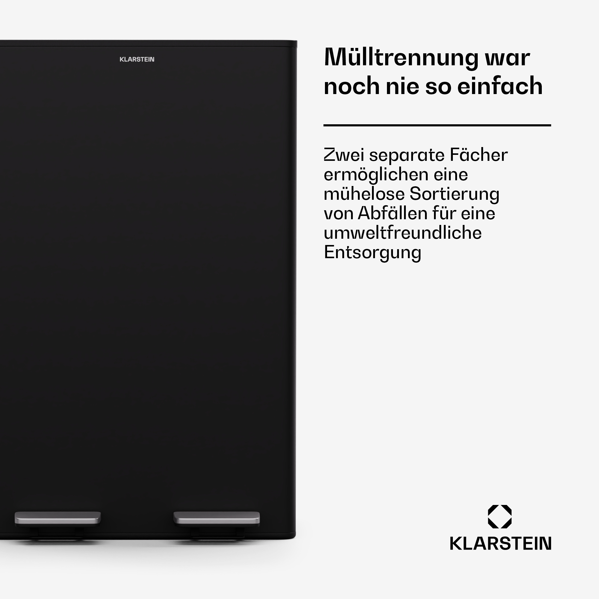 Schwarzer Mülleimer mit zwei Fächern und Text auf Deutsch.