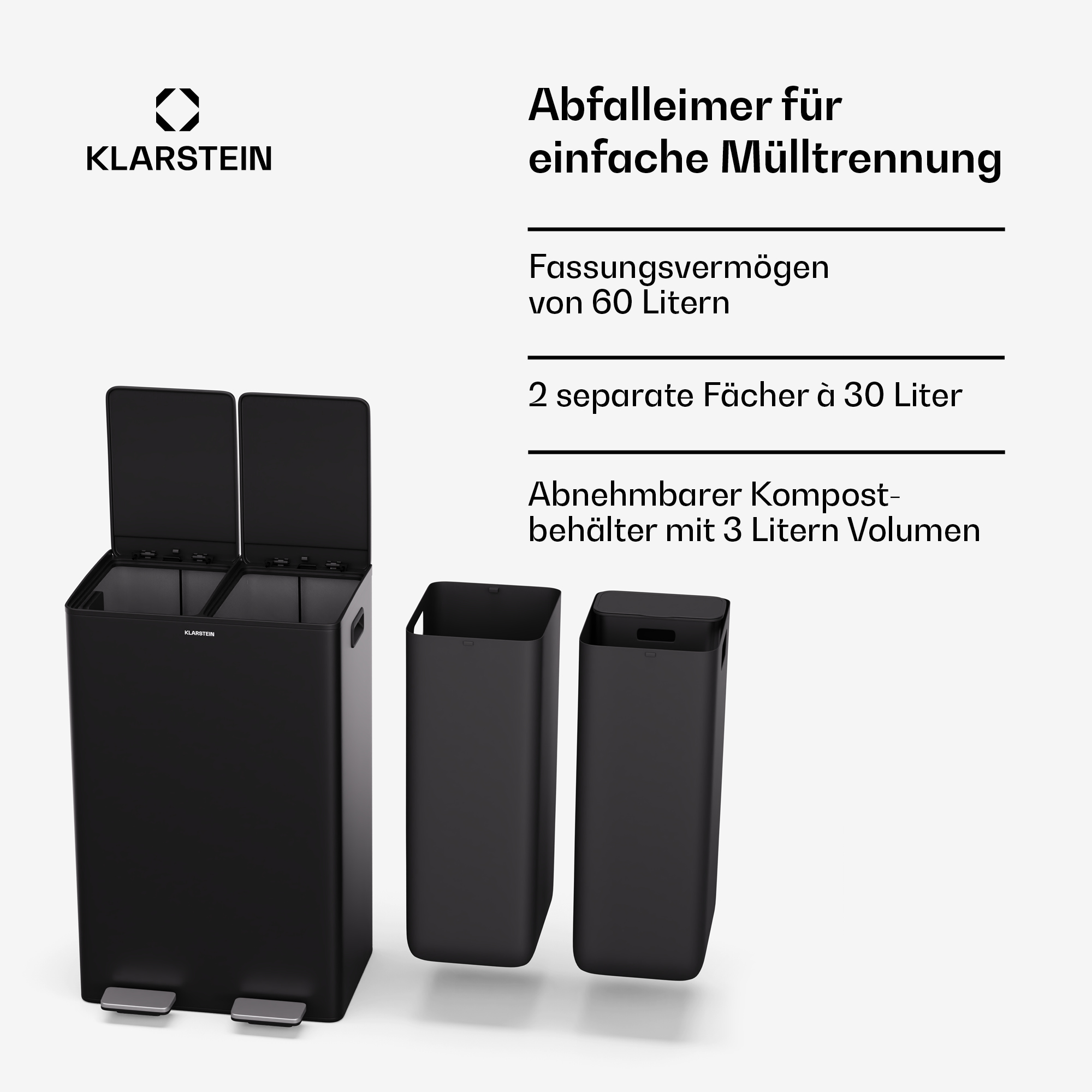 Schwarze Mülltonnen. Eine mit zwei Fächern und zwei herausnehmbaren Behältern auf weißem Hintergrund.