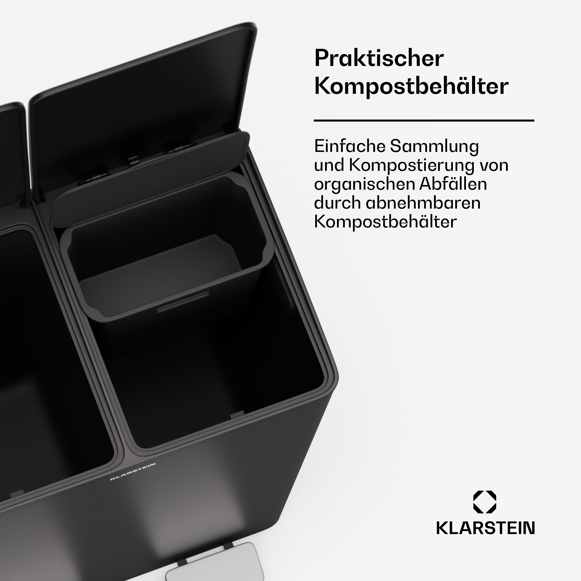 Schwarzer Komposteimer mit Text, offenen Fächern und Logo.