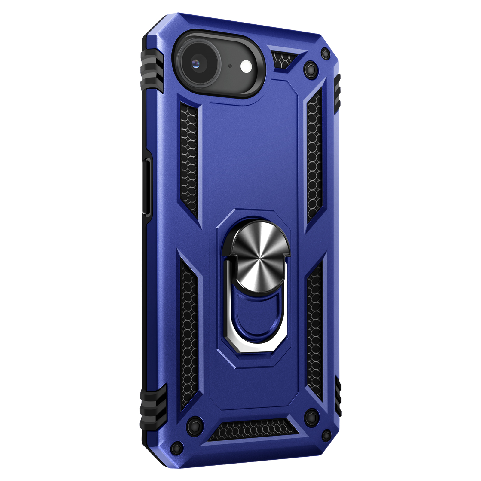 Coque de téléphone bleue avec support d'anneau argenté et détails noirs.