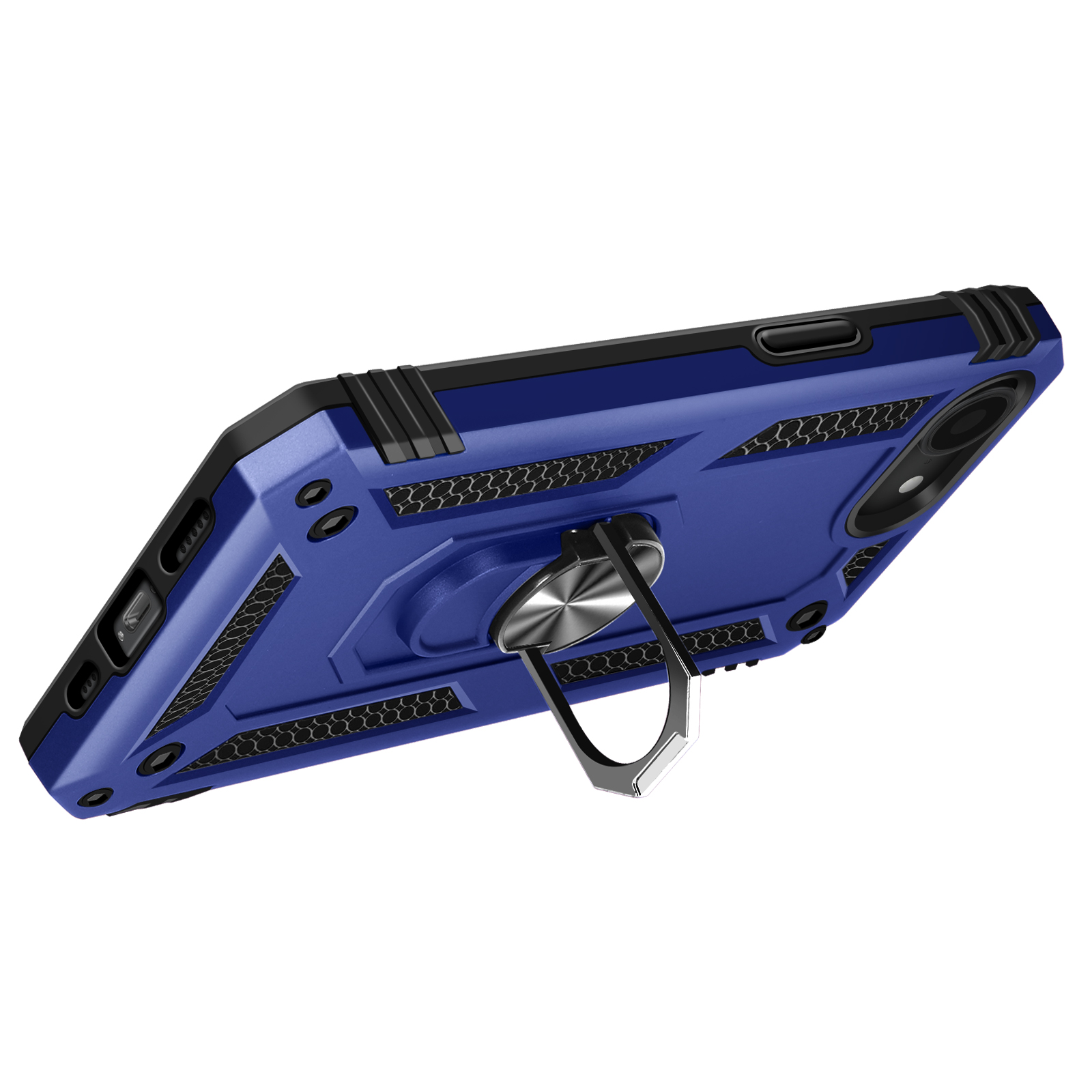Une coque de téléphone bleue avec un support d'anneau. La coque a un dos texturé et un cadre noir.