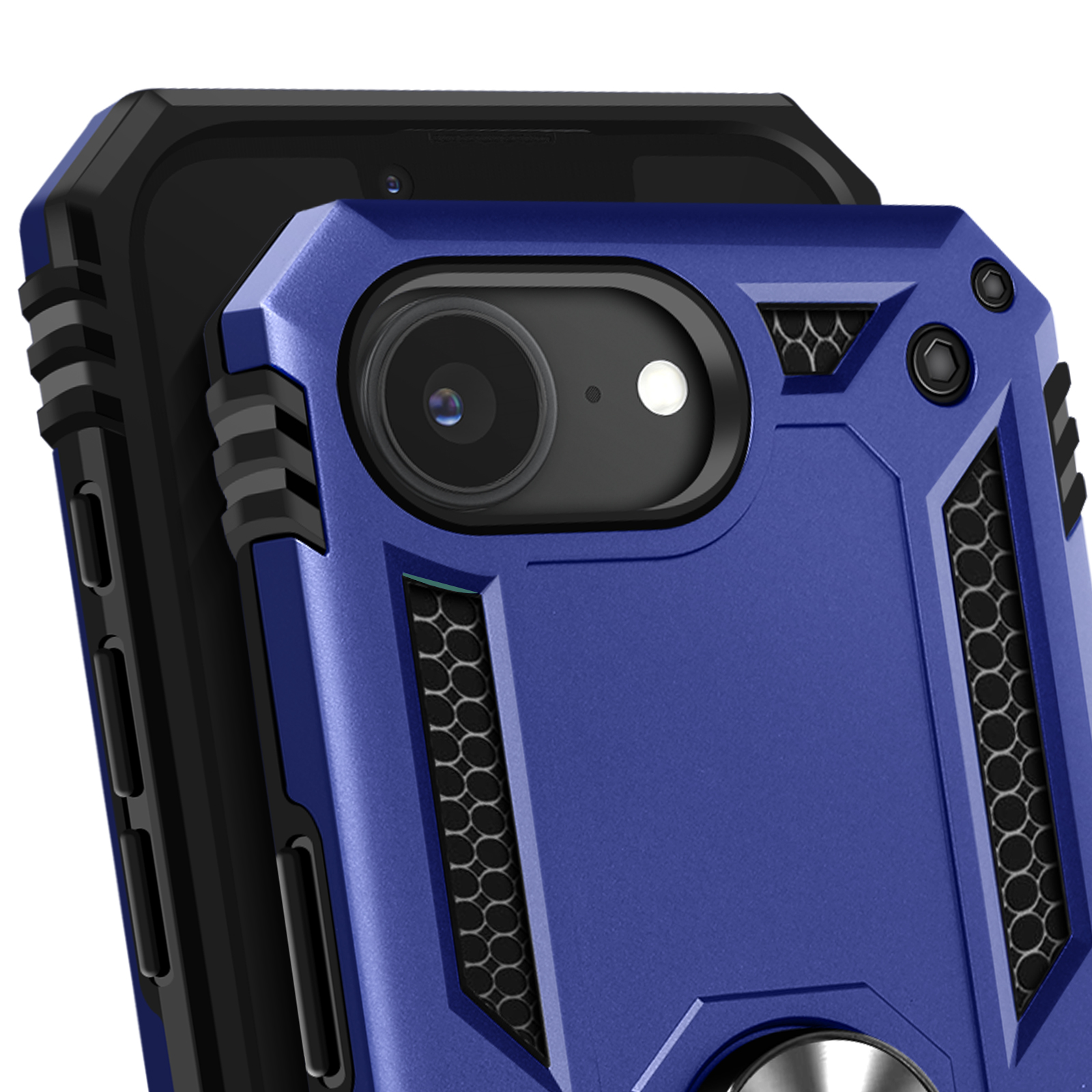 Coque de téléphone bleue et noire avec support de bague. Coque avec objectif.