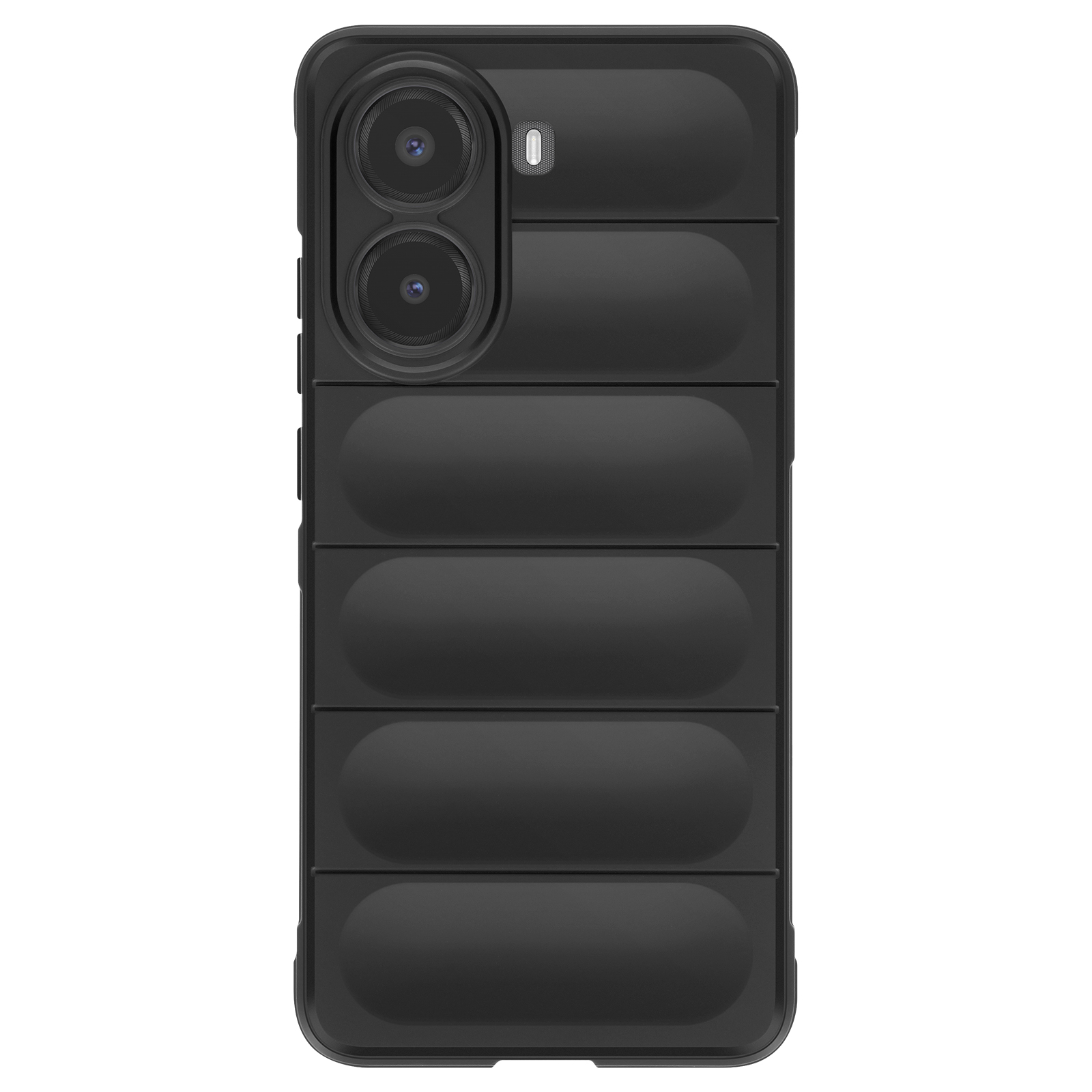 Custodia nera per telefono, con ritaglio per doppia fotocamera e design testurizzato. Nuova.