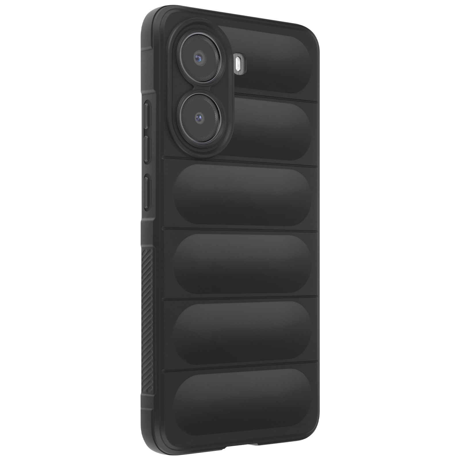 Custodia nera per telefono con un design strutturato. La custodia ha una fotocamera.