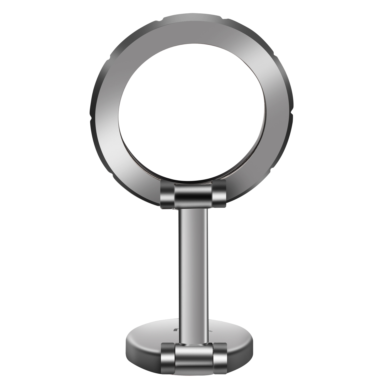 Miroir grossissant argenté, circulaire et réglable sur pied.