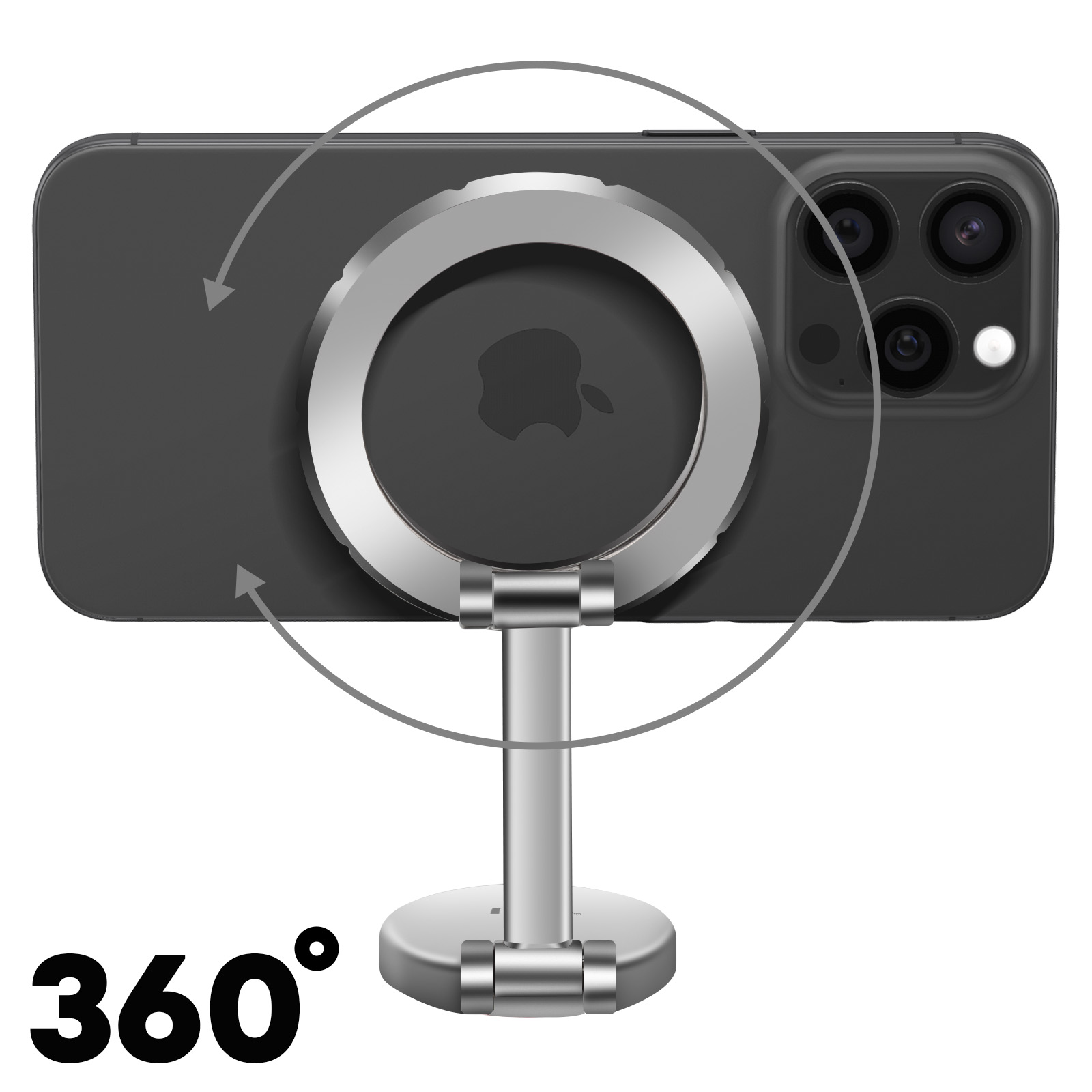 Téléphone avec un support annulaire rotatif à 360°. Le téléphone est sur fond blanc.