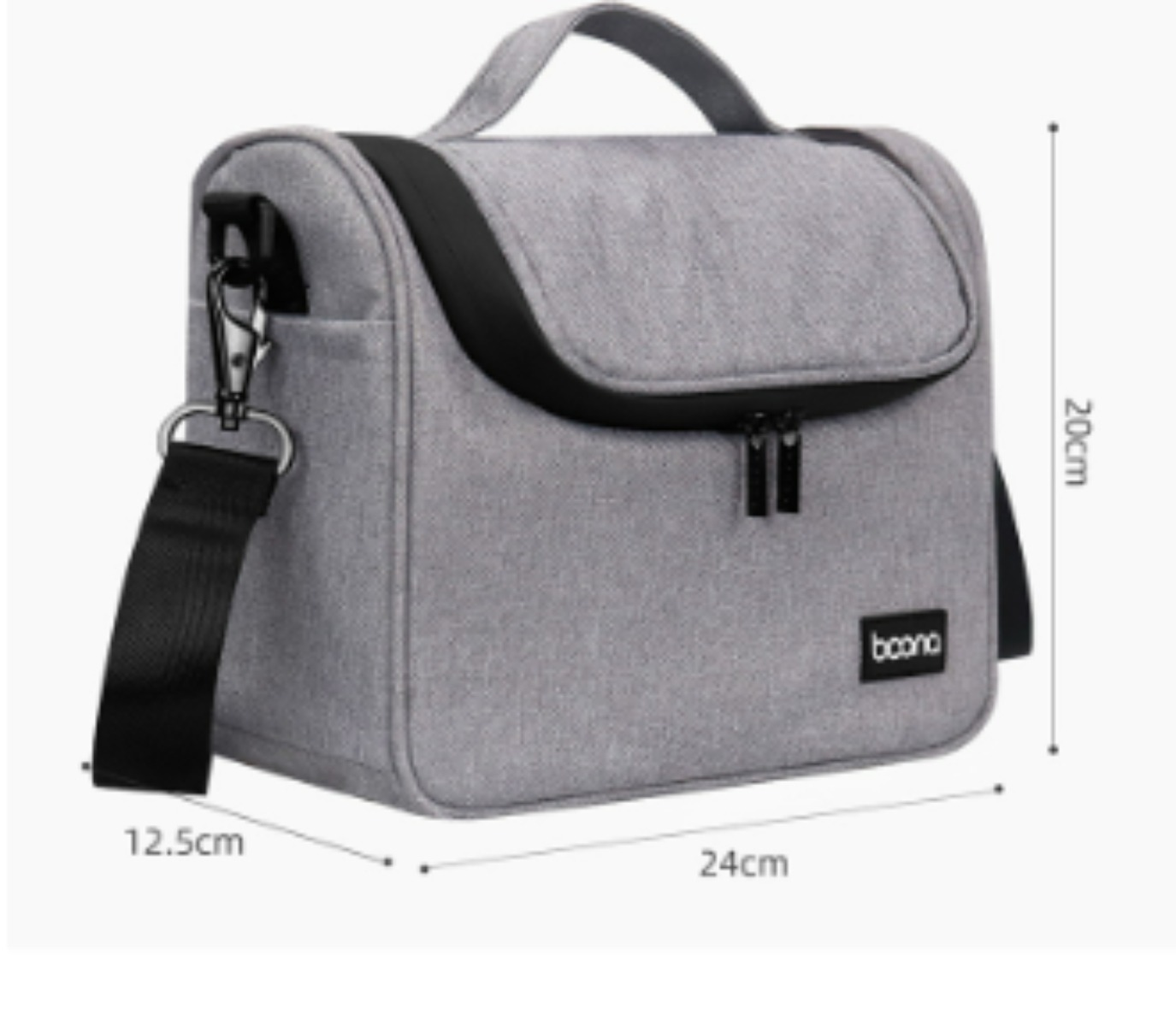 Graue isolierte Lunchtasche mit den Maßen 24x12,5x20 cm. Inklusive Griff und Schultergurt.