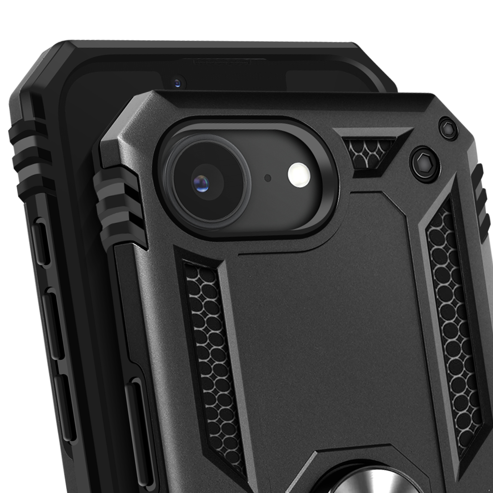 Een zwarte telefoonhoes met een camera-uitsparing. Het heeft een ring op de achterkant en staat op een witte achtergrond.