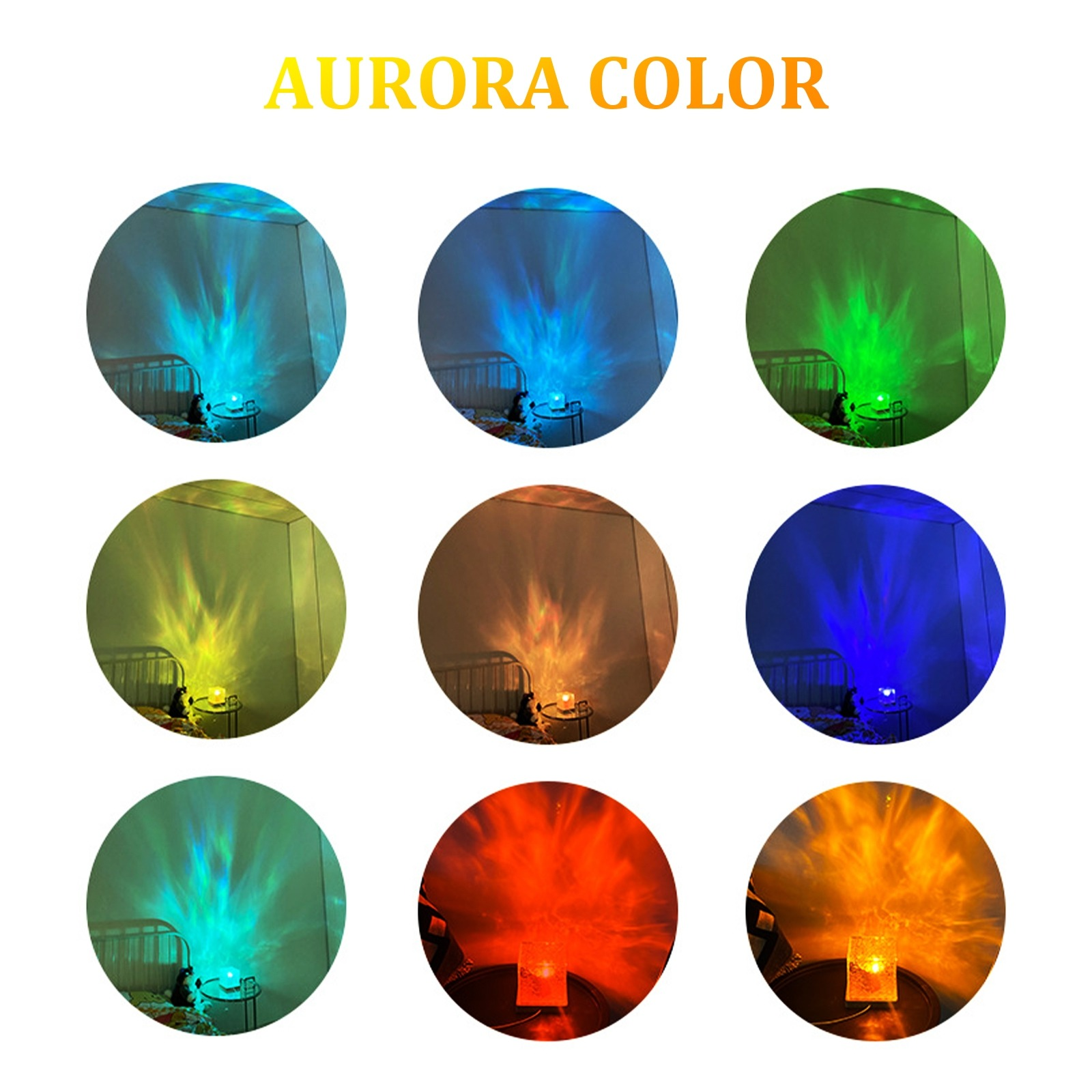 Neun Kreise zeigen verschiedene Farben von projizierten Aurora-Lichtern.
