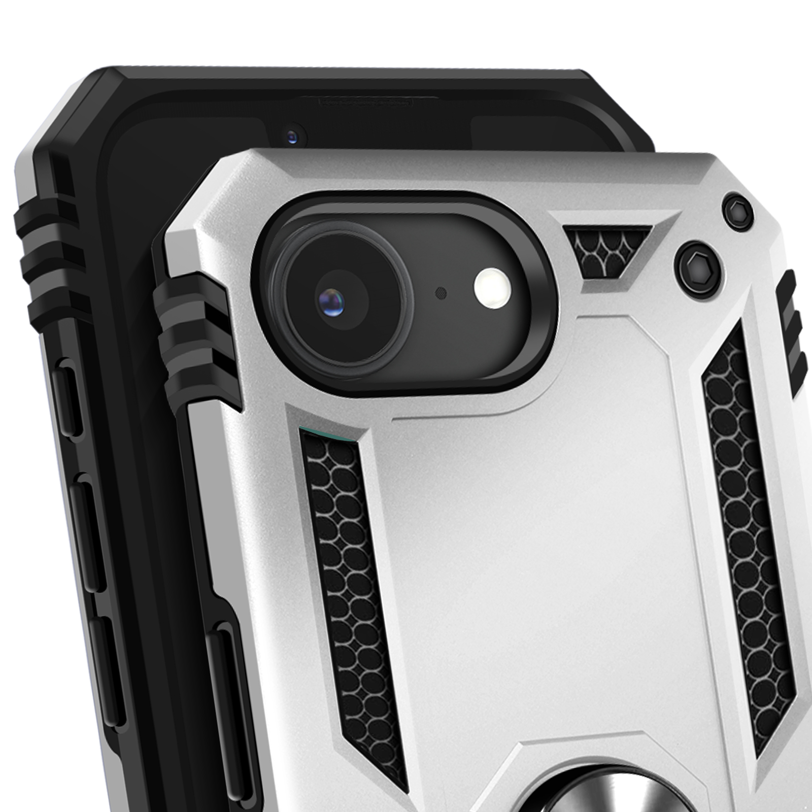 Gros plan d'une coque de téléphone avec caméra et anneau métallique.