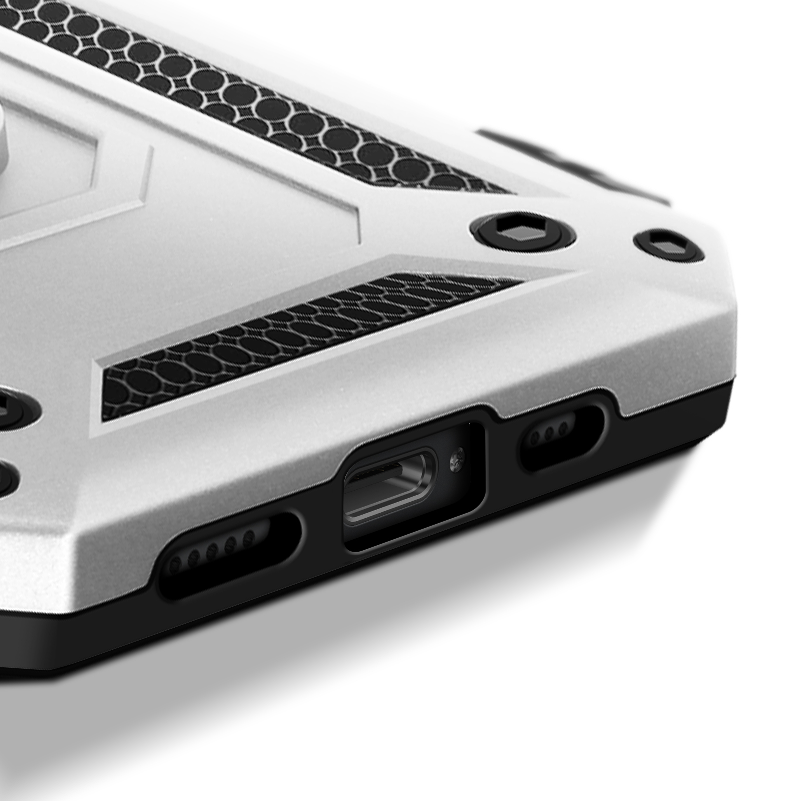 Coque de téléphone argentée et noire. Ports et boutons noirs visibles. Fond blanc.